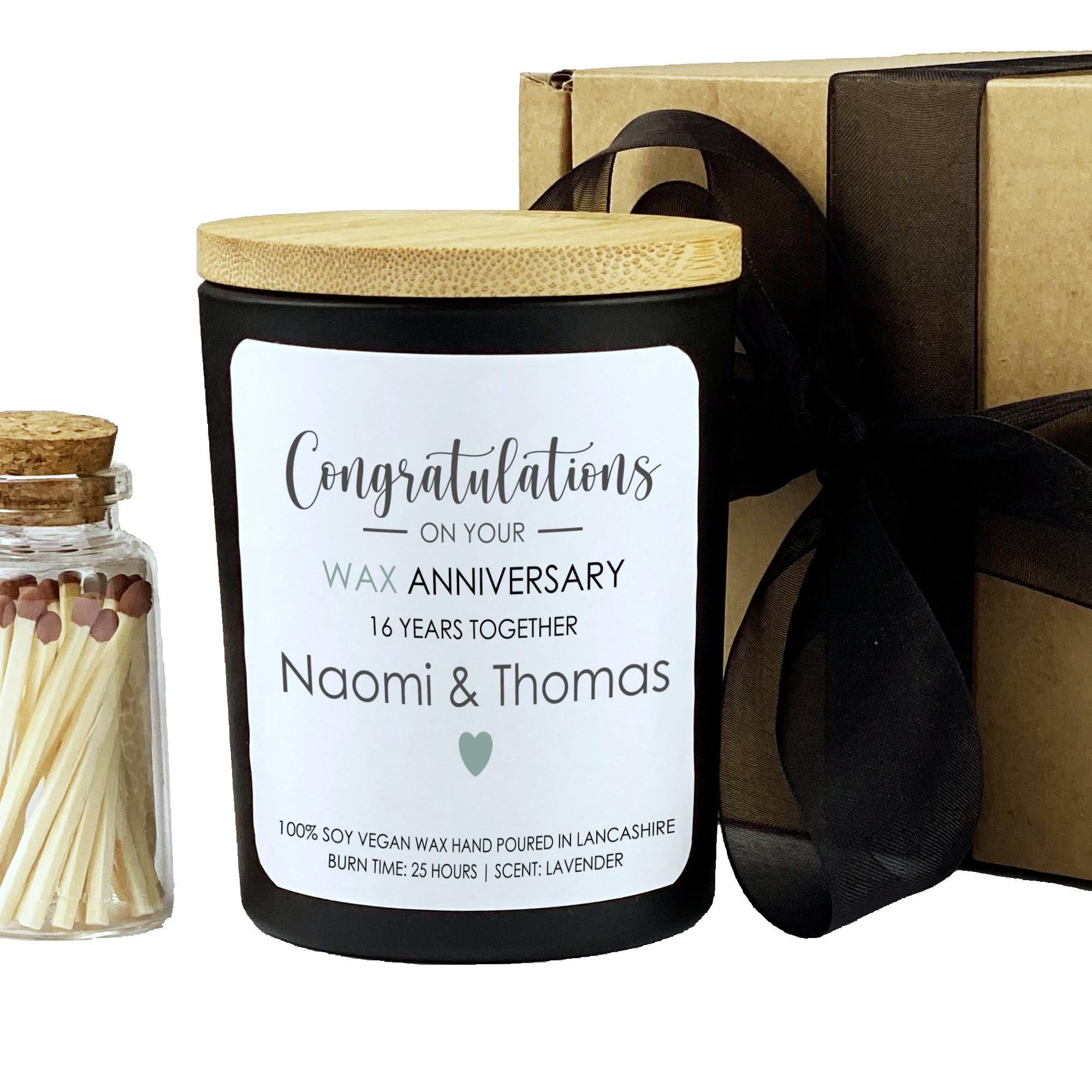 Personalised 16th Wedding Anniversary Candle Gift Set with Matches, Hand Poured Soy Wax Vegan Scented Candle, Mr & Mrs Present, Couples Gift (Black Votive, Strawberry)