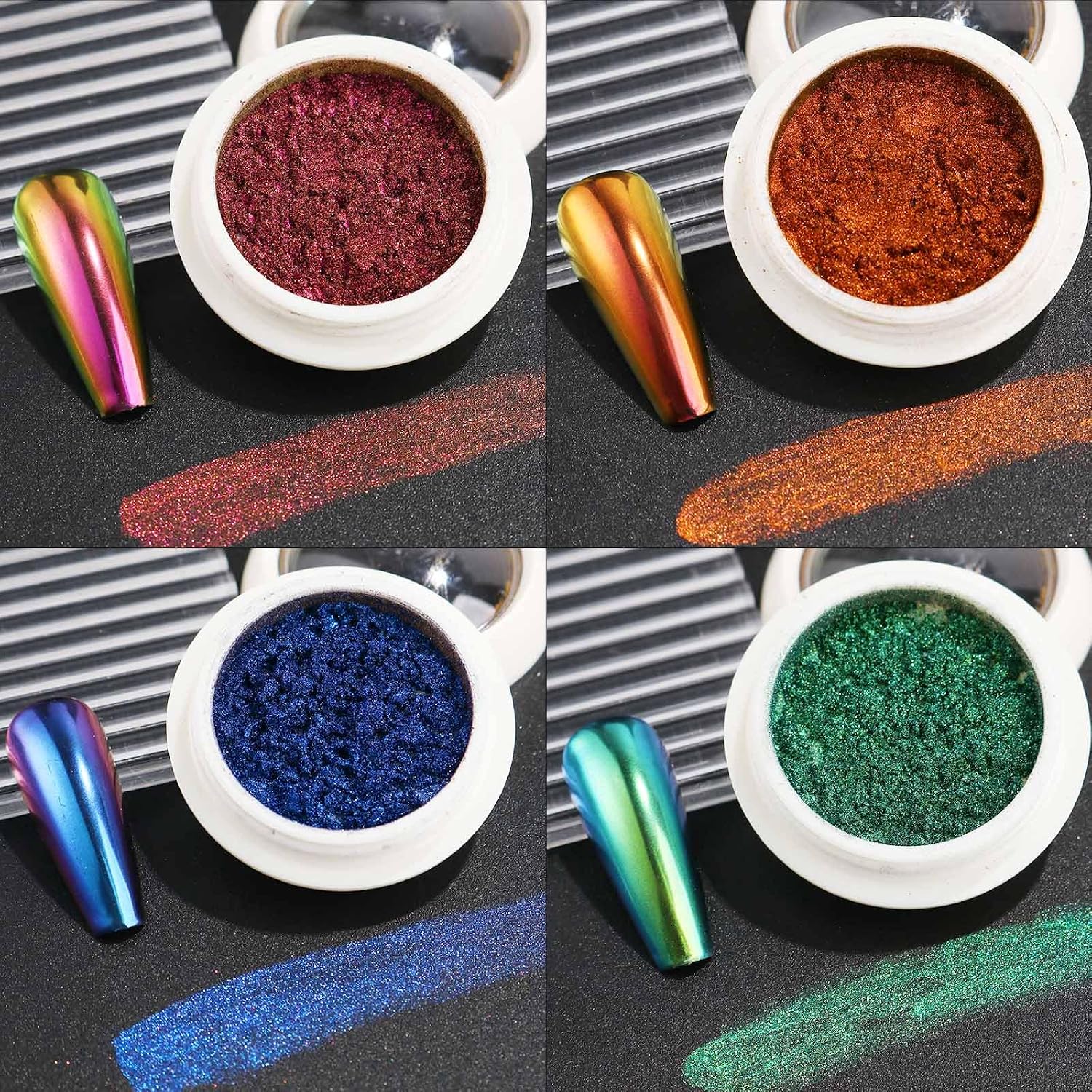 Chameleon Chrome Nail Powder,4pcs Magic Mirror Nail Glitter Pigment with Sponge Metallic Rubbing Dust Y2K Nail Gel Polish Galaxy Effect Salon-Quality Long-Lasting Nail Design