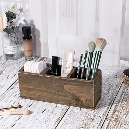 Miniatura 5 de Portalápices de madera, organizadores de escritorio y accesorios de 3 compartimentos extraíble, soporte rústico de control remoto, suministros de