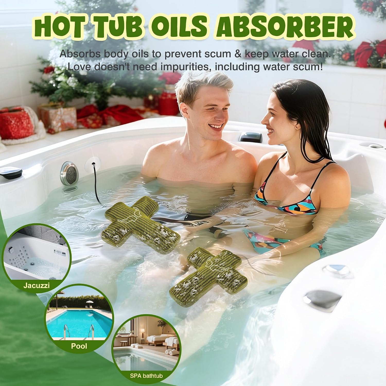Golden Cross Hot Tub Scum Absorber - Sacred Praying Hands Design to Purify Water - Reusable Spa & Pool Floating Sponge with Optional Tether - Washable Oil Remover Accessory, 2-Pack