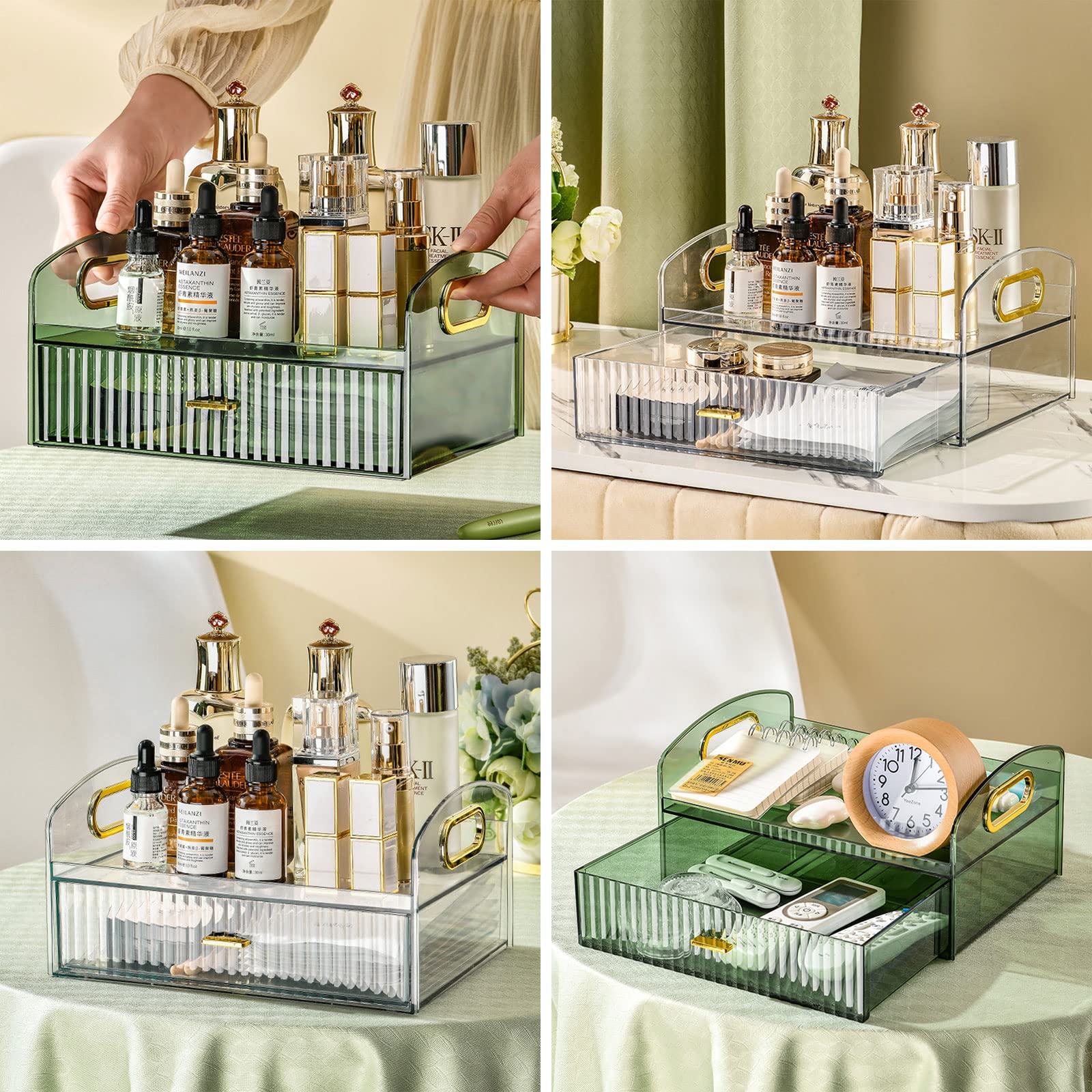 DASITON Make up Organizer mit Schubladen,Große Kapazität Skincare Organizer,Retro Badezimmer Dresser Schlafzimmer Kosmetik Organizer,Acryl Kosmetik Aufbewahrung für Schminke und Schmuck(Transparent)