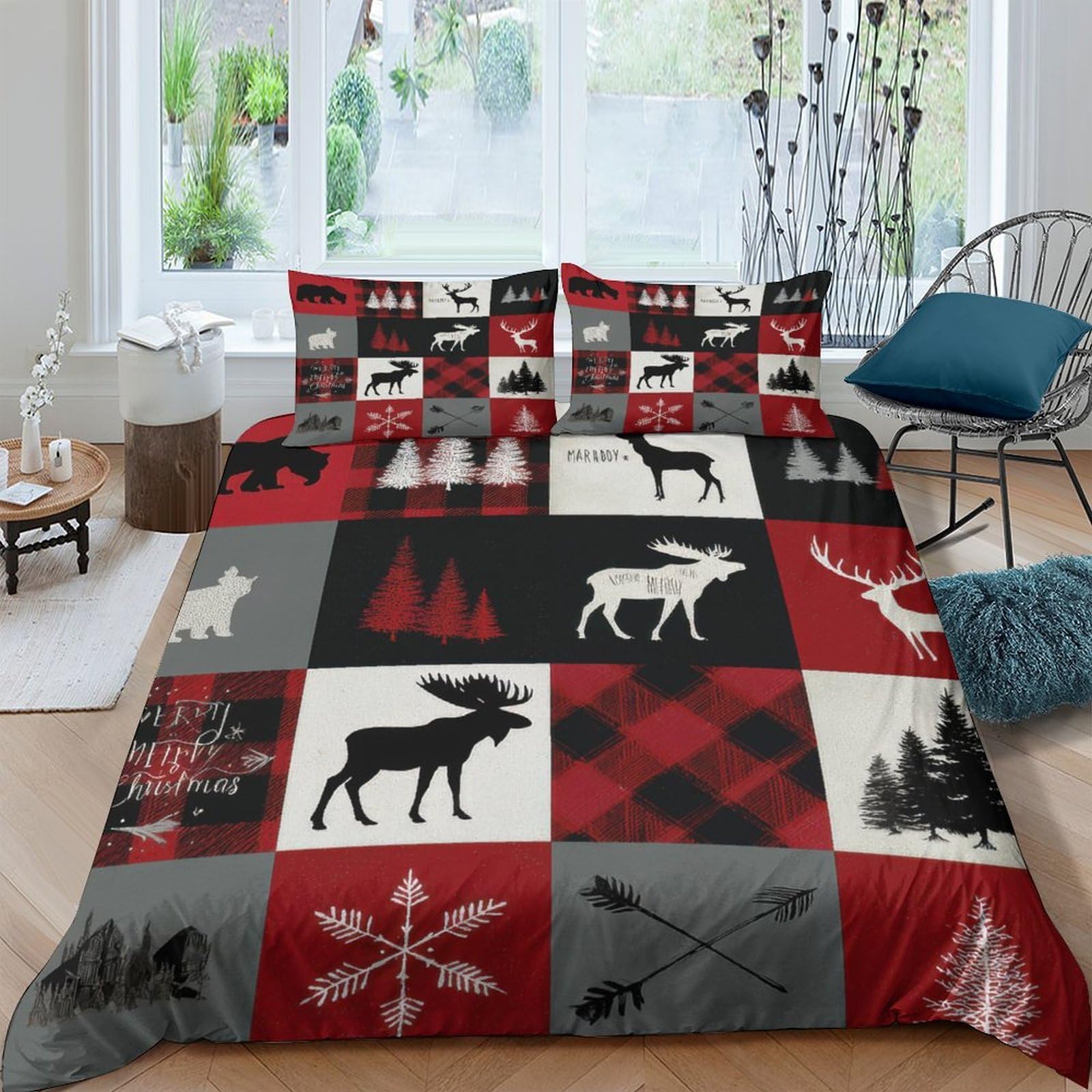 Ctjqhvkz Style-1 3D Printed Plaid Moose Fitted Sheet Microfiber Soft Nordic Forest Bed Cover For Bedroom Guest Room Decor Single（135X200cm）