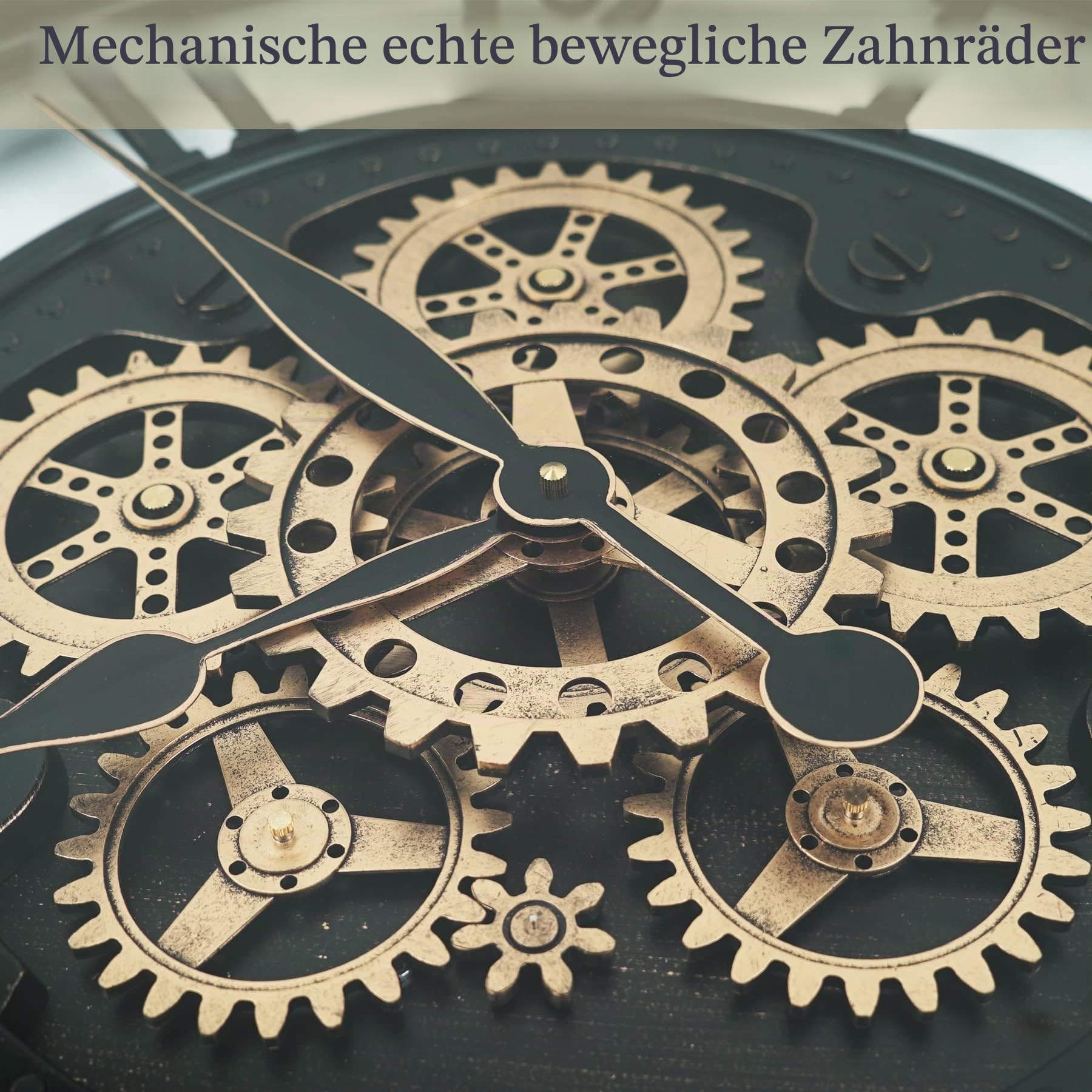 Wanduhr Groß mit Beweglichen Zahnrädern Moderne Industrial Steampunk XXL Vintage Retro Antike Metall Uhr für Küche Wohnzimmer Zuhause Bar Schule(53.5cm, Schwarzes Gold Arabische Ziffern)