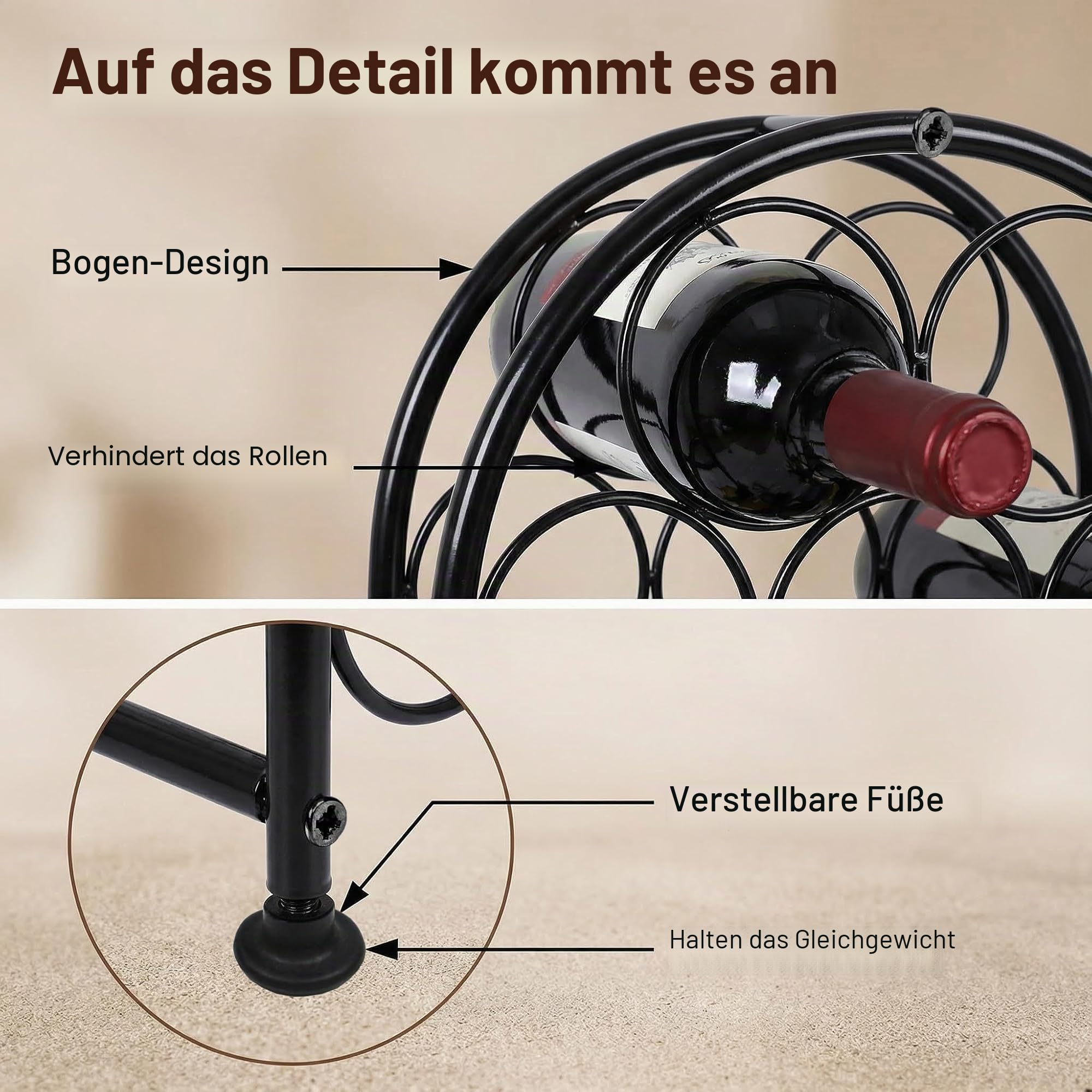 PAG Weinregal Metall 23 Flaschen Freistehendes Boden-Flaschenregal, Dekorativer Flaschenhalter-Ständer für Küche/Boden/Bar, Schwarz