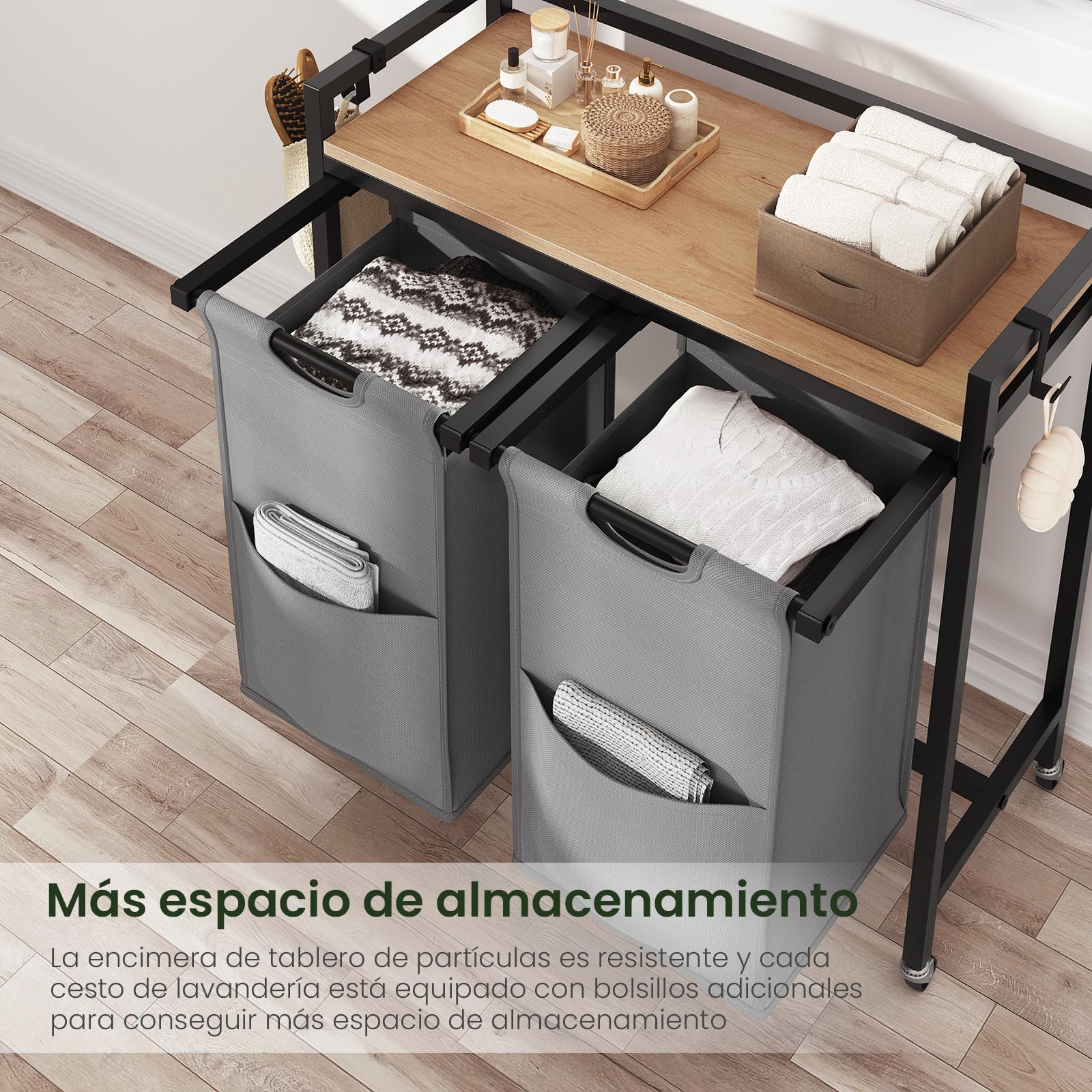 EUGAD Cesto Ropa Sucia, 2 Bolsas Colada de 40 L, Cesta Ropa Extraíble, Mueble Ropa Sucia para Baño y Lavandería, Tela Oxford, Marco Metálico, 70x30x71 cm