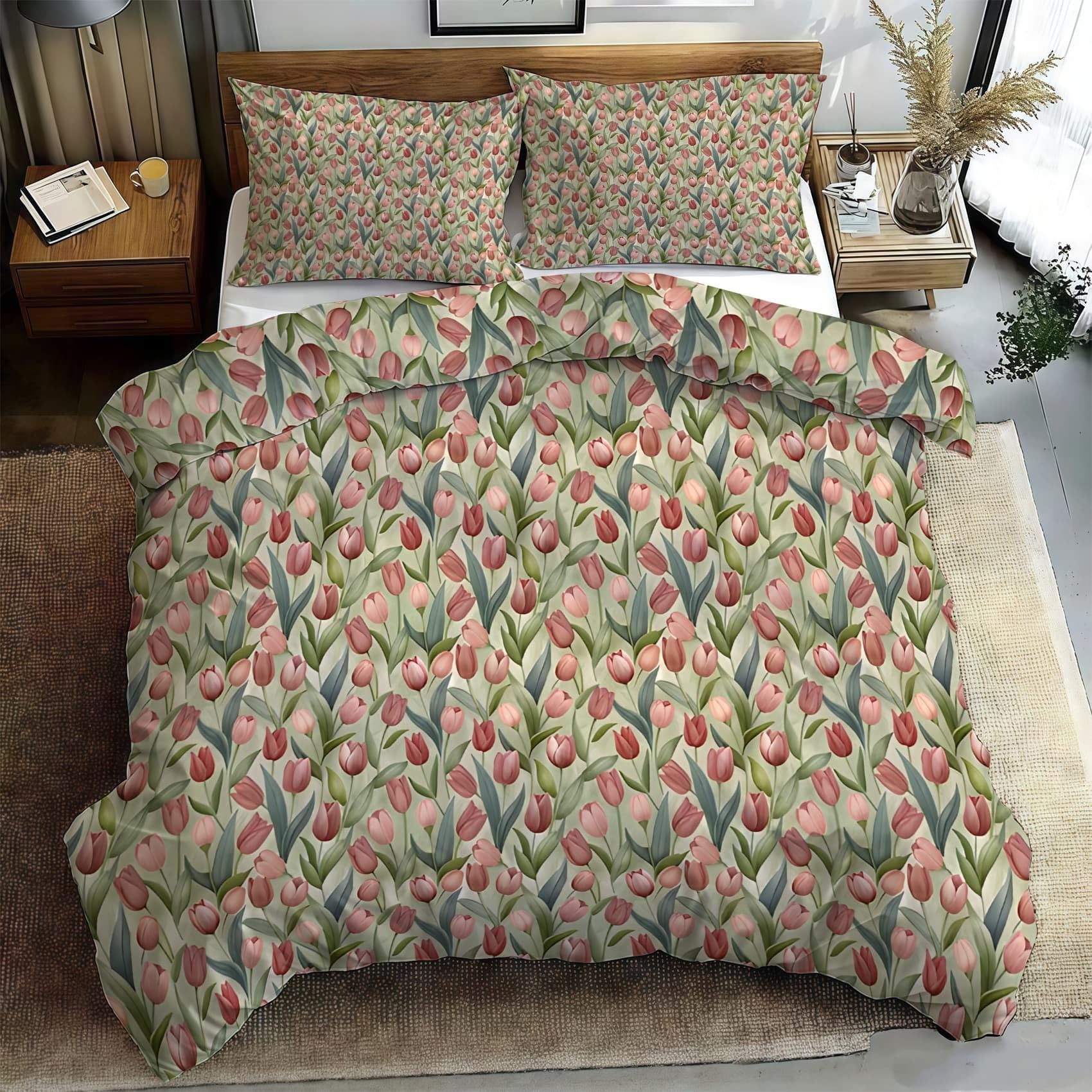 Tulipán Funda Nórdica Cama 105 Juego, Reversible Microfibra Juegos Cama Estilo Acuarela Vintage Funda Edredon 180×220 y 2 Fundas 50x75, con Cremallera, Apto Hombres y Mujeres KF148