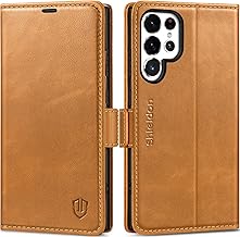 Shieldon Coque pour Galaxy S24 Ultra 5G en Cuir Véritable, Etui Housse [RFID Blocage] Portefeuille Porte-Carte Anti-Choc, Fonction Support Magnétique pour Galaxy S24 Ultra (6,8 Pouces 2024) - Brun