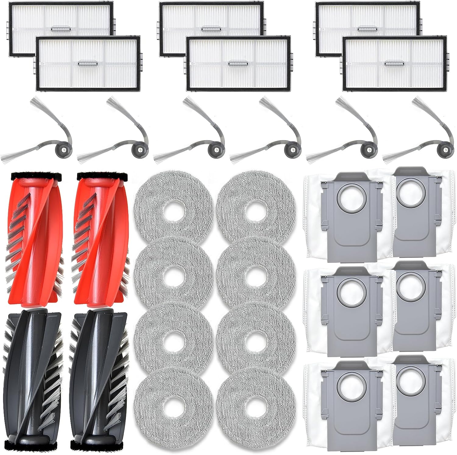 Accessories Replacement Parts Compatible with Roborock Saros 10R Robot Vacuum Cleaner, 4 Rubber Main Brush, 6 Filters, 6 Dust Bags, 8 Mop Pads, 6 Side Brushes