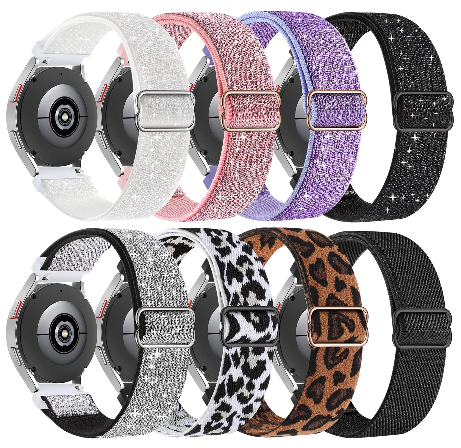 Bolesi 8 Pack Stretchy Nylon Watch Band Compatible with Samsung Galaxy Watch 7/6/5/4/FE,20mm Strap for Galaxy 6 Classic/5 Pro/Active 2 Women