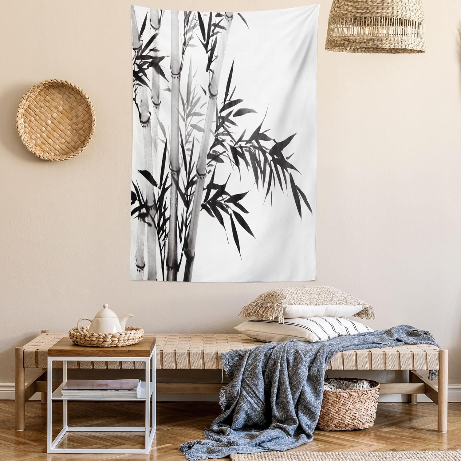 Ambesonne Forest Tapestry, Watercolor Tree Image Traditional Asian Ornament Style Culture Theme, Wall Hanging for Bedroom Living Room Dorm Decor, 60" X 80", Charcoal Grey and White