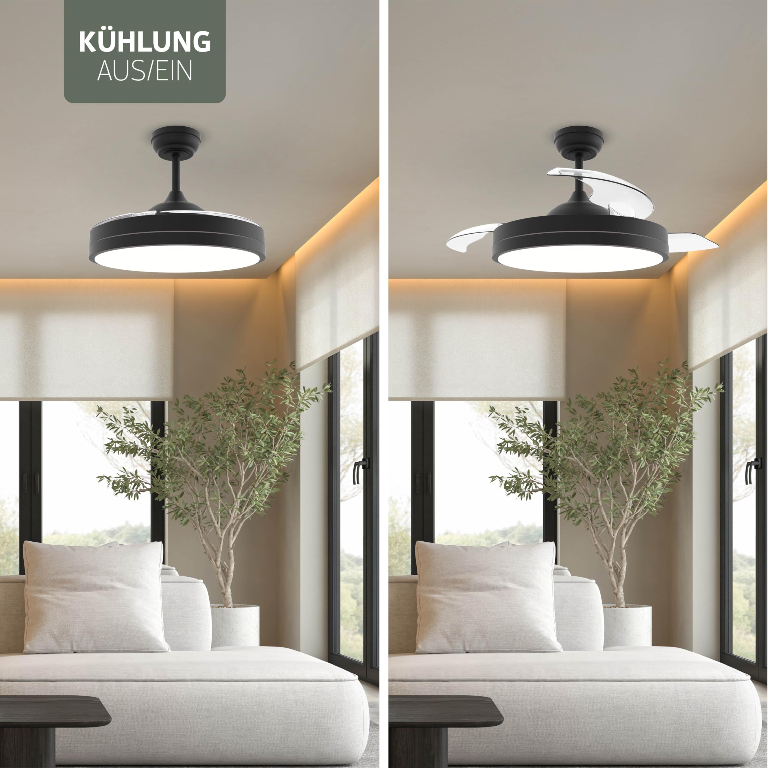 Varin® Smart Deckenventilator mit Beleuchtung, Tuya WLAN, Ventilator Leise 20dB, LED 36W RGBW, Fernbedienung, Einziehbare Flügel, Ventilator Lampe Decke, Ø 50 cm/108 cm, Schwarz