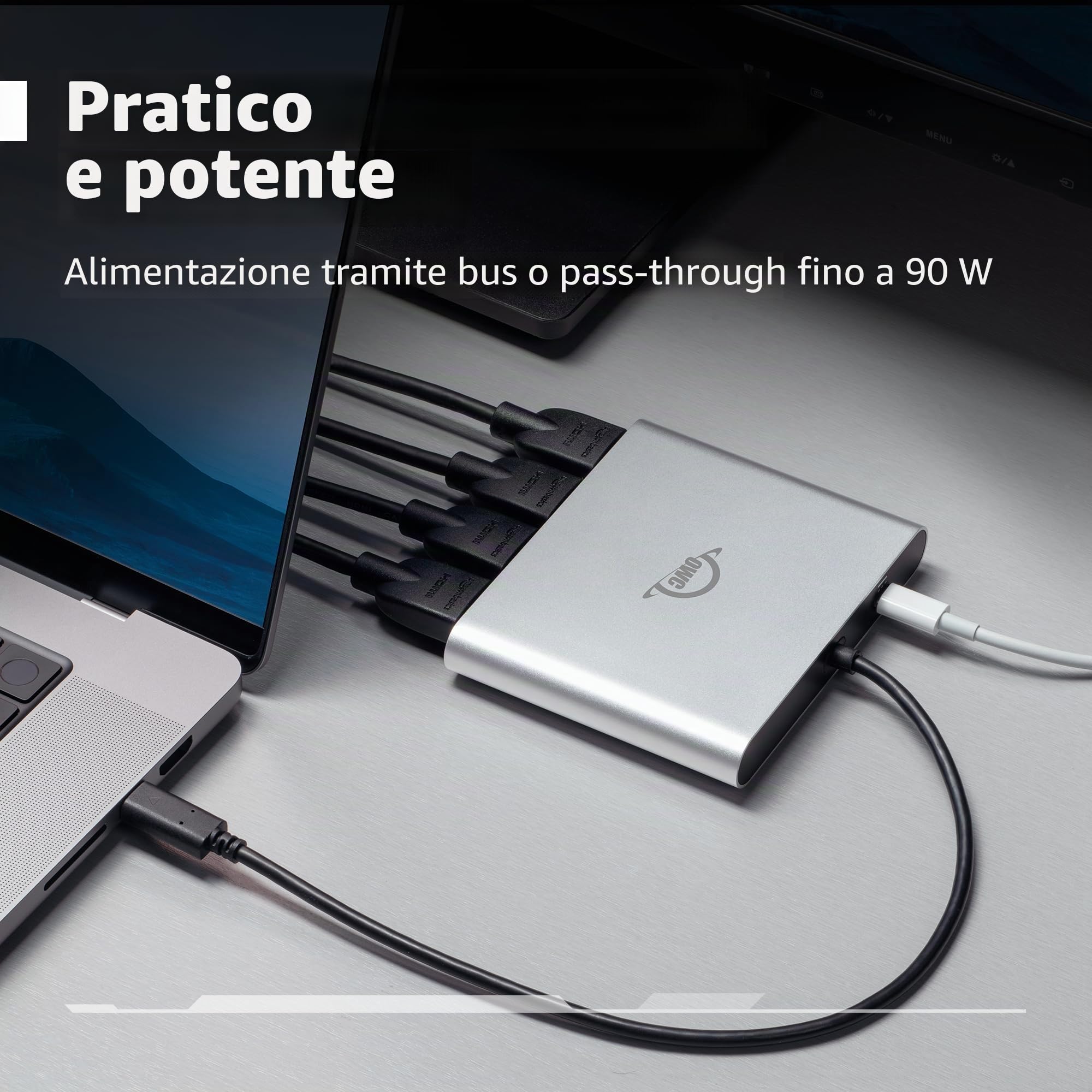 OWC Adattatore USB-C Quad HDMI 4K con DisplayLink – 4 Monitor 4K @60Hz, Power Delivery 90W, Compatibile Mac M1/M2/M3/M4, PC, Chromebook – Plug & Play, Audio HDMI, Bus Powered