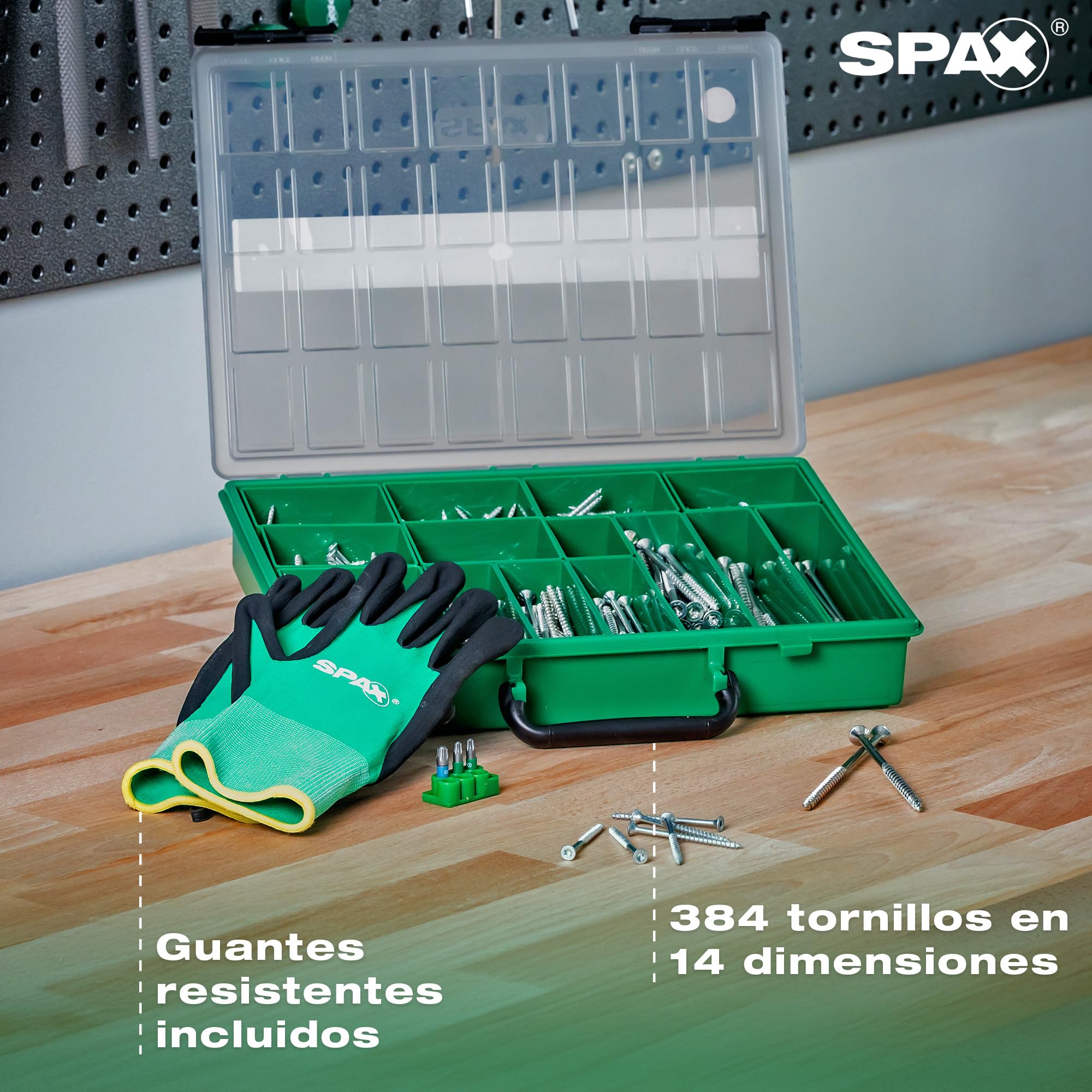 SPAX Juego de tornillos con 384 tornillos de rosca parcial y 3 puntas T-STAR plus - Maletín de herramientas para proyectos de bricolaje, 8000000294570