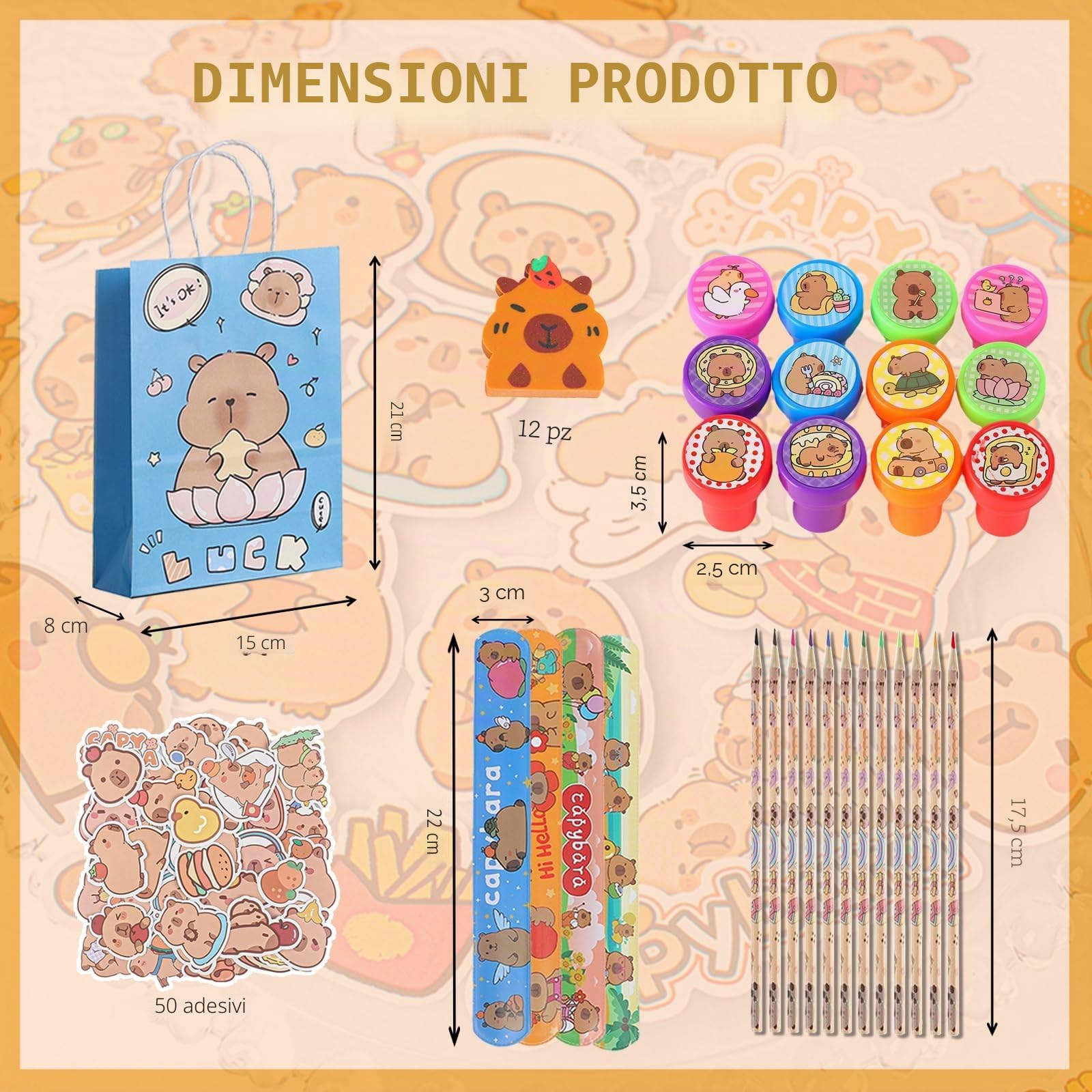 110PCS Regalo per Feste Capybara, Bambini Compleanno Party Regali, Capybara Party Favor Supplies, Include Sacchetti, Gomme Colorate, Slap Bracciali, Timbri Pratici