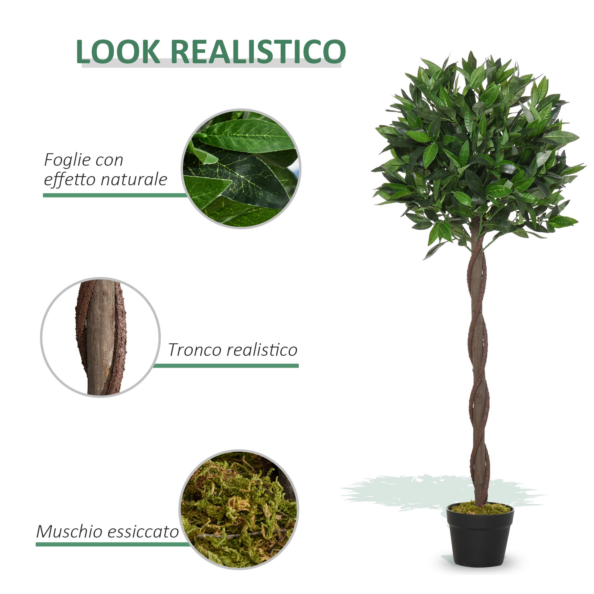 Outsunny Set di 2 Alberi di Alloro in Vaso Altezza 120cm in Plastica | Piante Finte, per Interno, Ufficio, Soggiorno