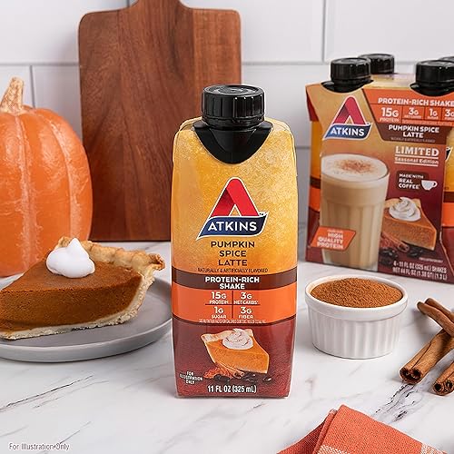Vista 48 de Atkins Batido de proteína de plátano y chocolate, 0.55 onzas de proteína, bajo índice glucémico, 0.18 onzas de carbohidratos netos, 0.07 oz