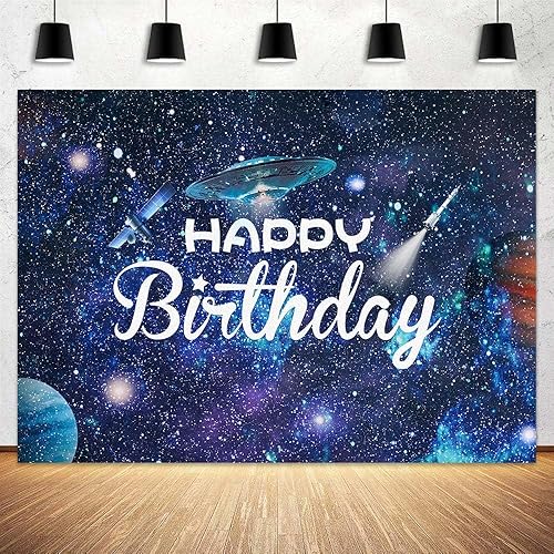 Miniatura 5 de Telón de fondo de feliz cumpleaños, 7 x 5 pies, galaxia con purpurina para niños, astronauta, fotografía de nave espacial, fondo de tela, universo