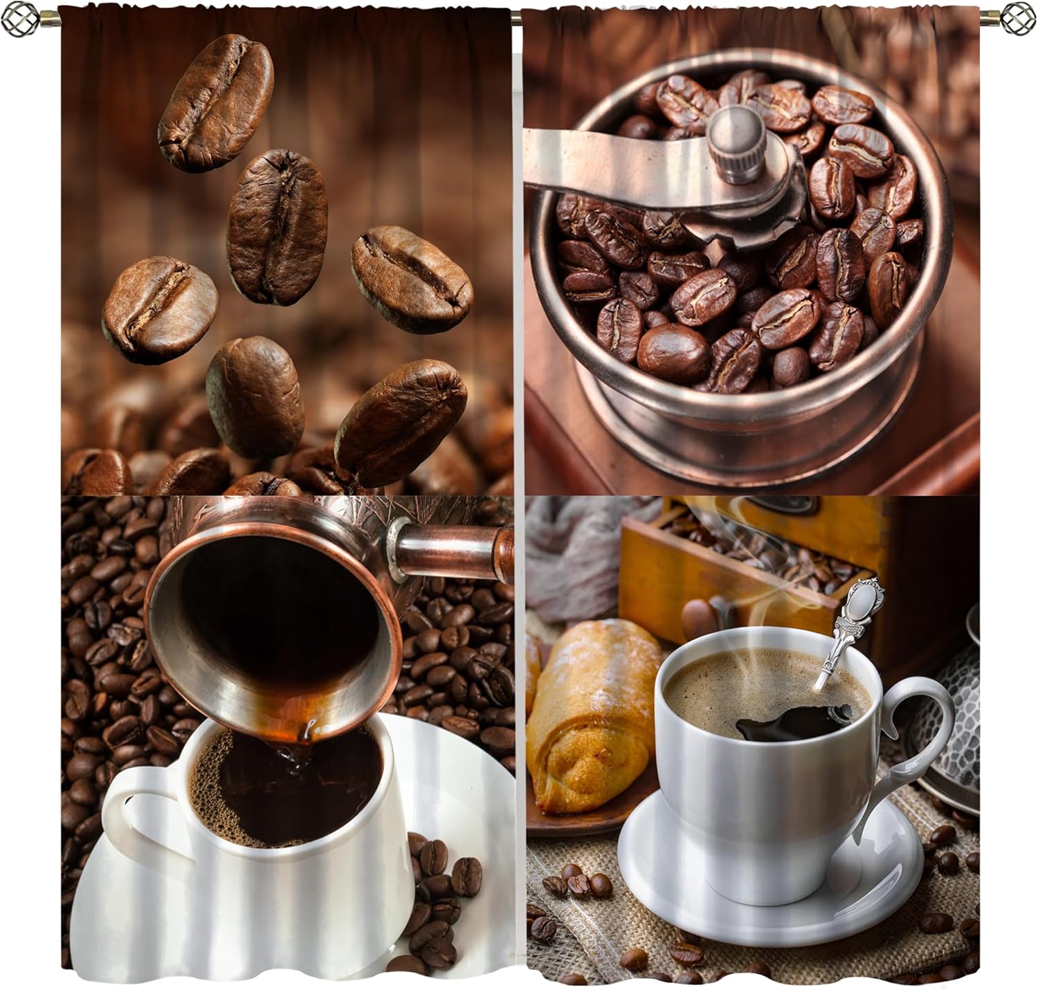 Coffee Kitchen Curtains, Retro Rustic Coffee Time Vintage Latte Cafe Tea Cup Cottage Brown Window Treatment for Living Room Cafe Dinnig Room Drapes 2 Panel Sets, 42x63 Inch