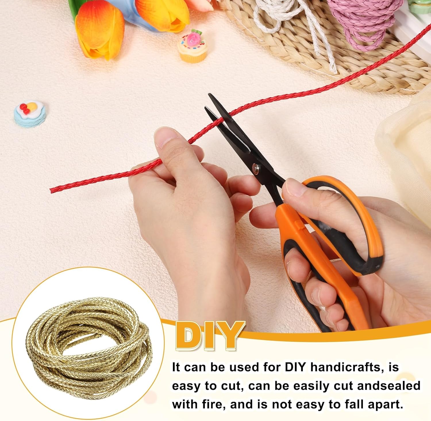 M METERXITY Round Braided Leather Cord, 10 Yards 7mm Six-Strand Faux Beading String Rope Bolo Tie 10 Meters Long for Jewelry Making/DIY Crafts, String Macrame Bracelet Thread [Gold]