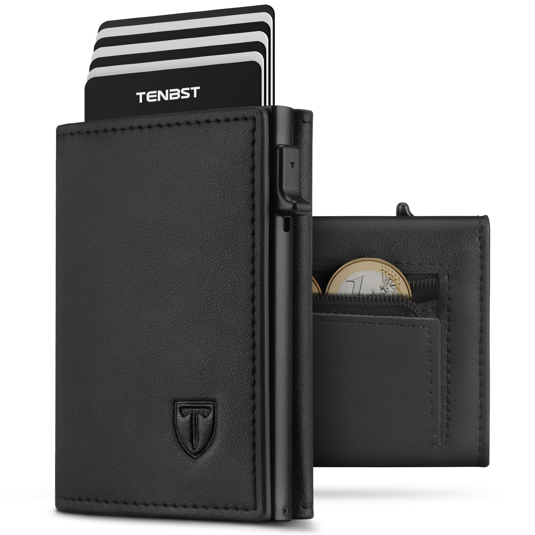 TENBST Portafoglio Uomo Slim, Magnetico Porta Carte di Credito Uomo con RFID Anticlonazione, Portacarte Uomo Piccolo, Porta Tessere con Portamonete e Contanti, Idea Regalo Uomo - Nero