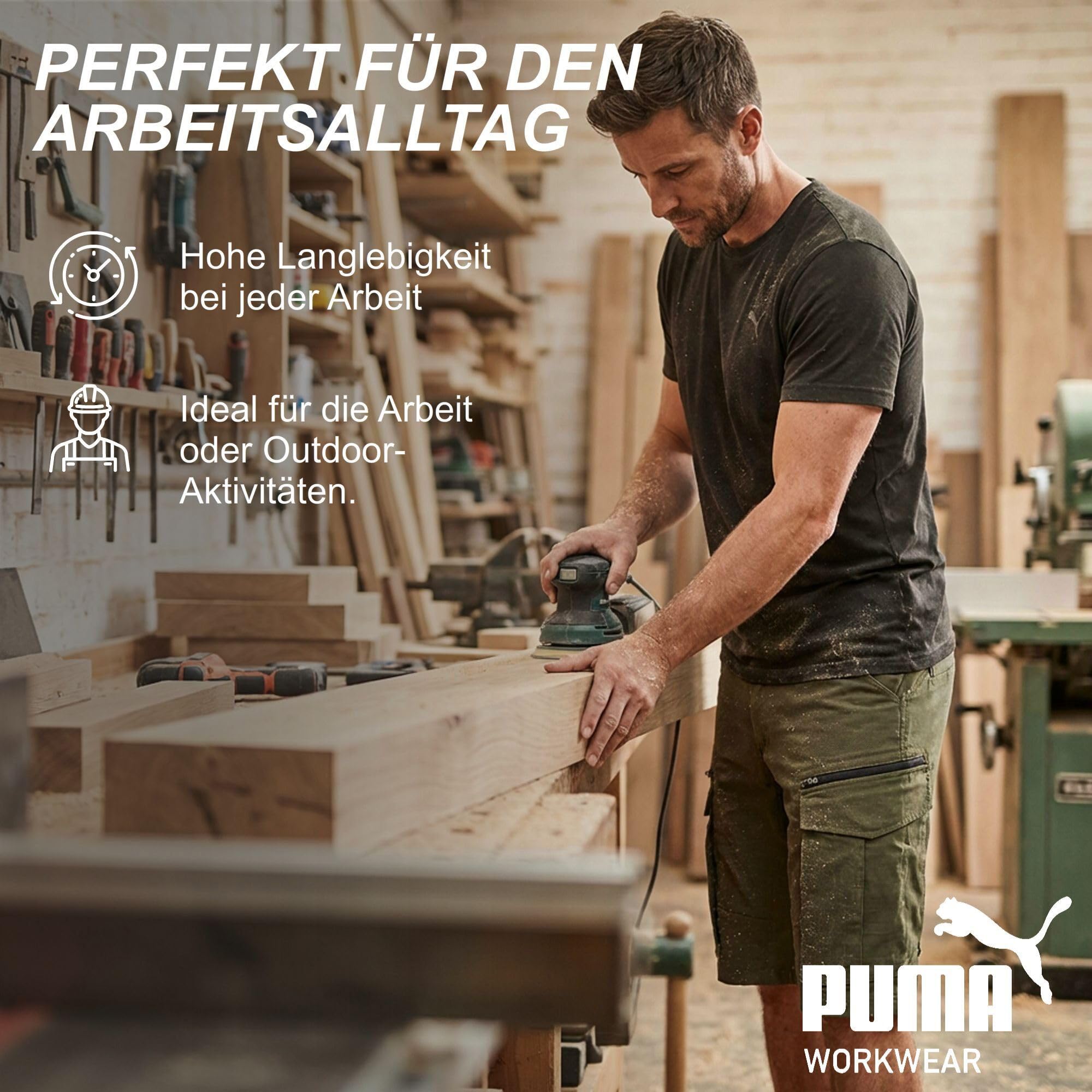 PUMA Workwear krótkie spodenki robocze męskie – wytrzymałe szorty ze stretchem i tkaniną Ripstop – gumka w pasie – podwyższona część tylna – szlufka na ramię – pokrowiec na telefon komórkowy