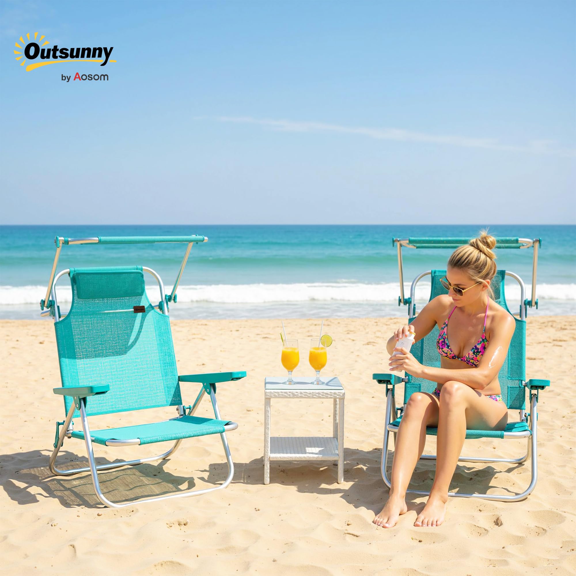Outsunny Pack de 2 Sillas de Playa Plegables con Dosel Ajustable, Respaldo Reclinable en 6 Posiciones y Reposacabezas, Sillas Bajas Portátiles con Brazos Carga 120kg para Acampada Jardín Turquesa