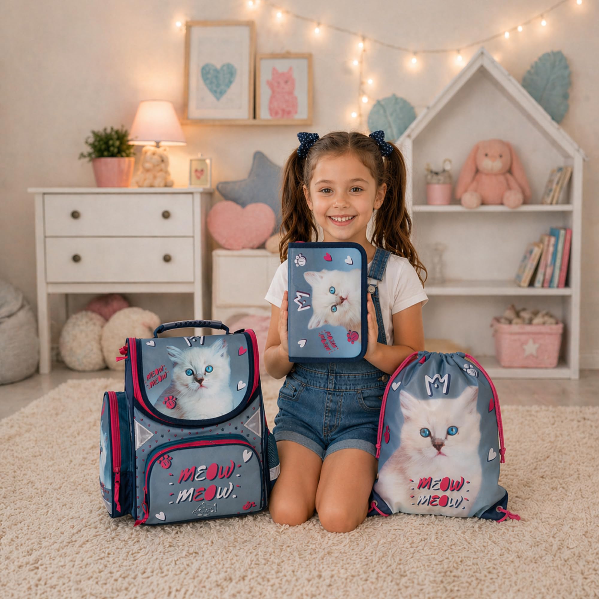 Goldkids Cartella per la scuola con motivo gatto ergonomico, astuccio per matite, per la scuola elementare, set da 4 pezzi, adatto a partire dalla prima classe della scuola elementare.