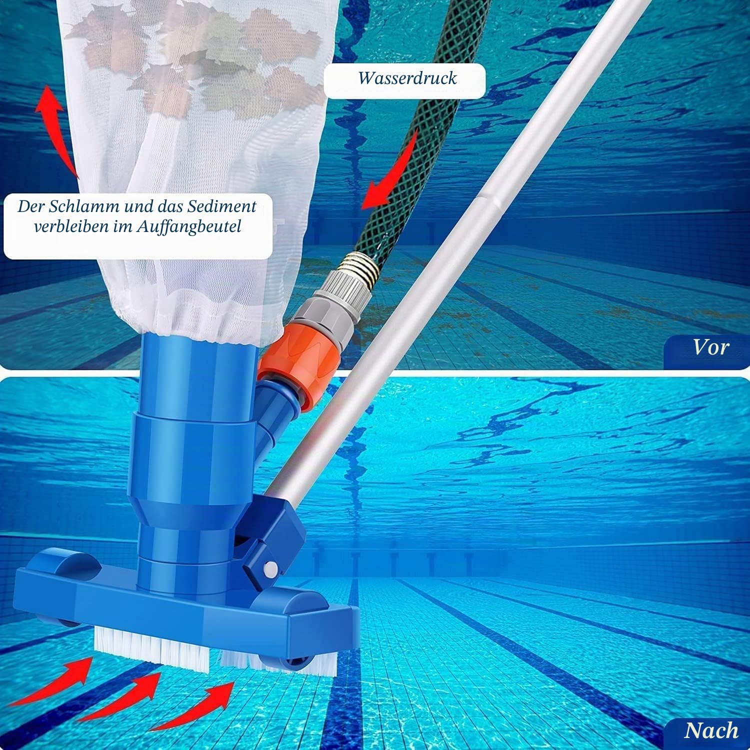 Pool Bodensauger Set,Vakuumsauger Pool reinigungsset mit 5 Abschnitten-Stangen,Poolsauger mit Teleskopstange & Bürstestaubsauger,Poolreiniger Zubehör Vakuum Kopf,Spa,Teich,Whirlpool