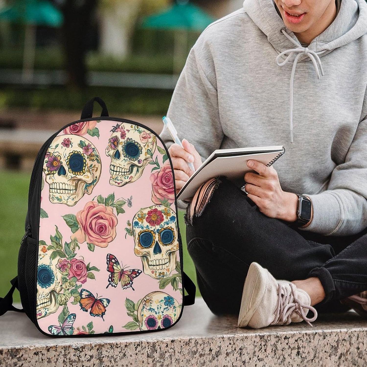 Flower Butterfly Skull Laptop Backpack for Men Women 17 Inch Shoulder Bag Travel Daypack