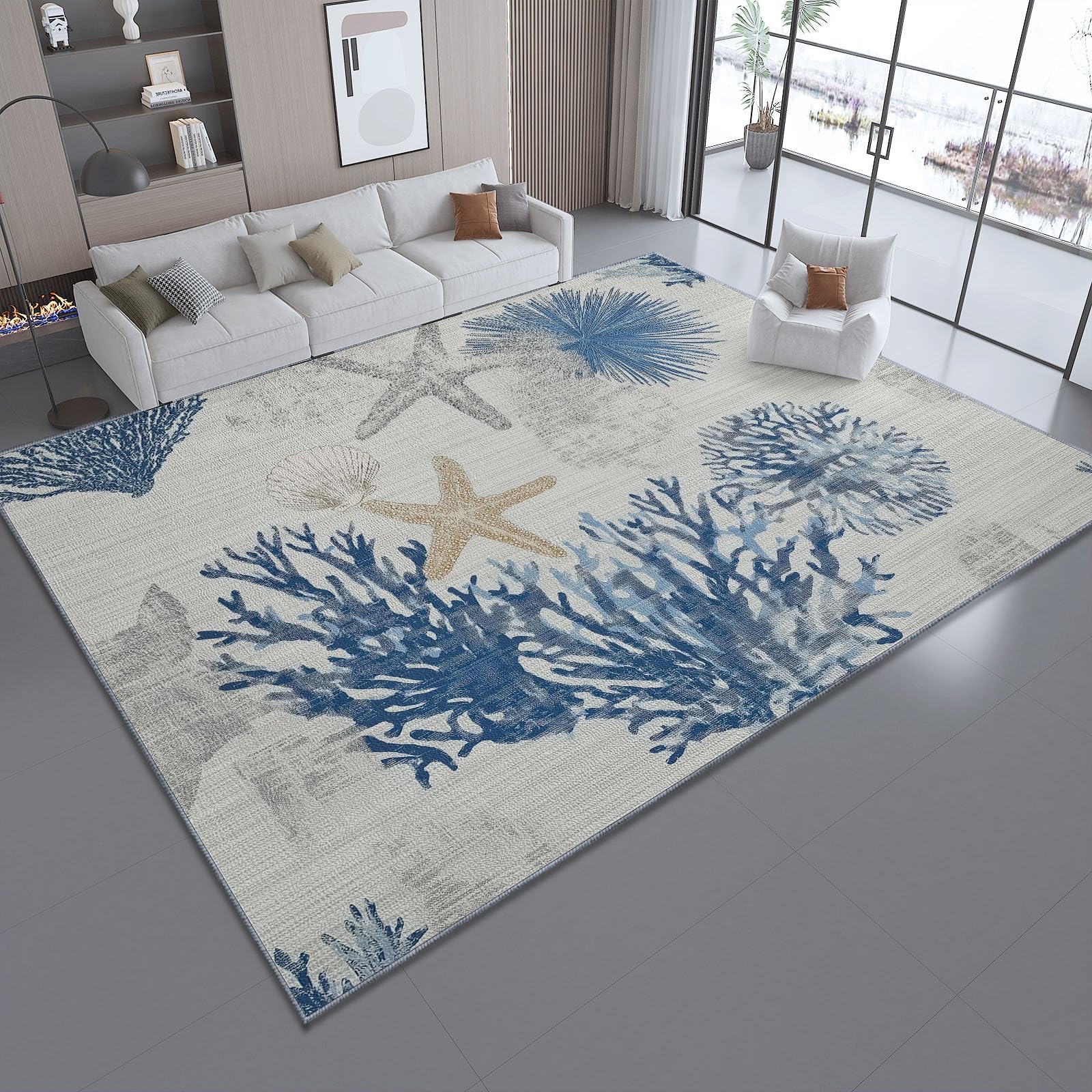 Blu Tappeto Salotto 120 x 170 cm Antiscivolo Tappeti Lavabile Stile Marino Texture Stella Marina Corallo Motivo Pelo Corto per Camerette Camera da Letto Sala da Pranzo