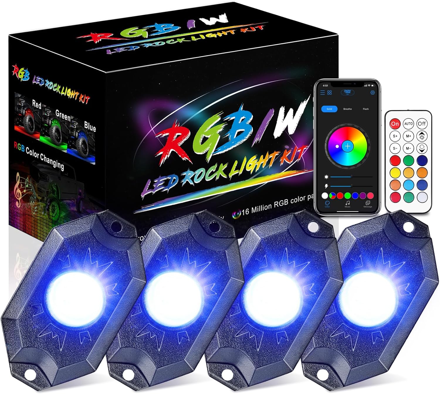 RGB Rock Lights 4Pods LED Rock Light Kit w/Remote&App Control Underglow Multicolor LED Neon Light Wheel Well Lights for ATV UTV RZR Can-am Wrangler Golf Cart