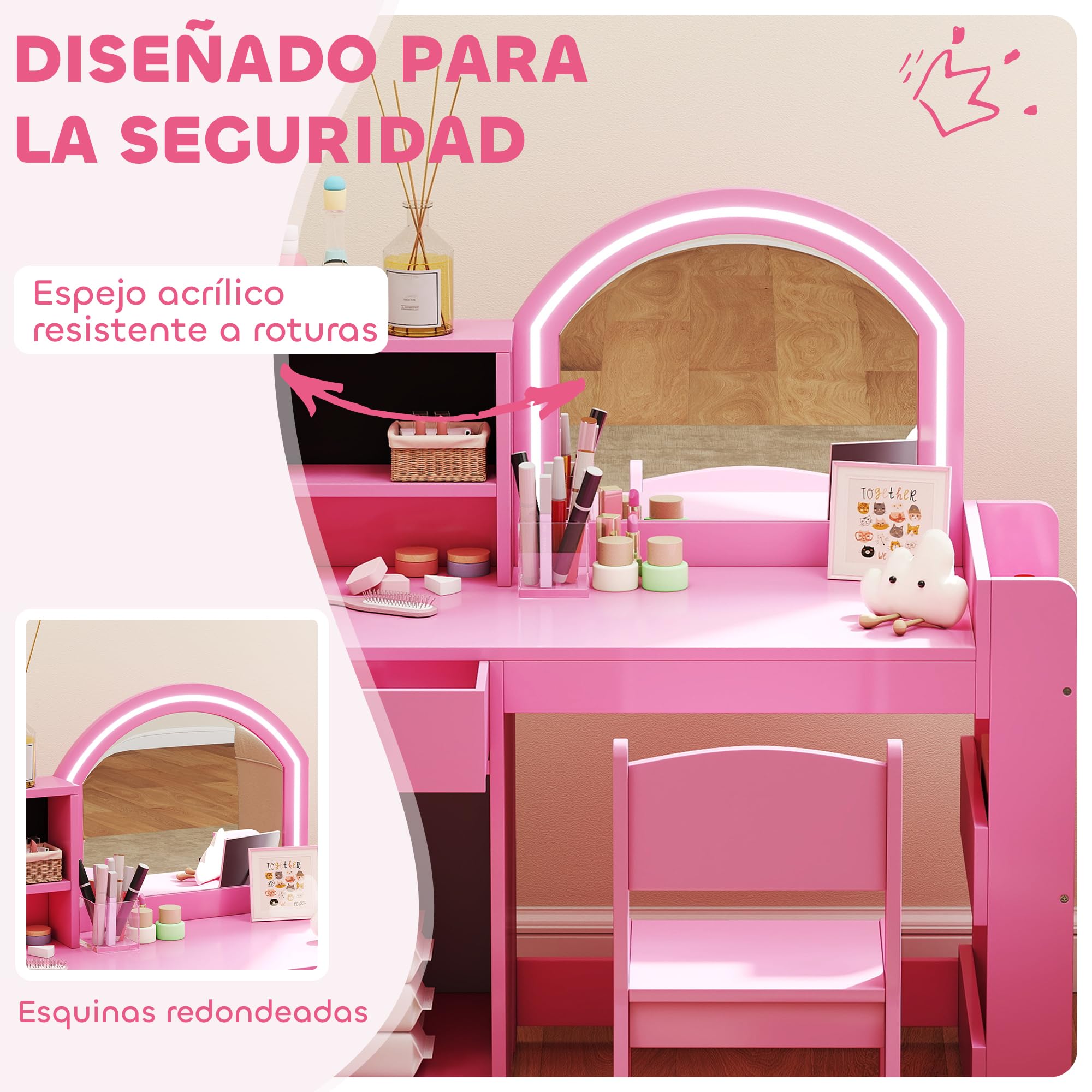 AIYAPLAY Tocador de Maquillaje Niña con Taburete para 3 a 8 Años Rosa | Tocador Infantil, Espejo con Luces LED, 1 Cajón, Armario y 5 Estantes, para Niños