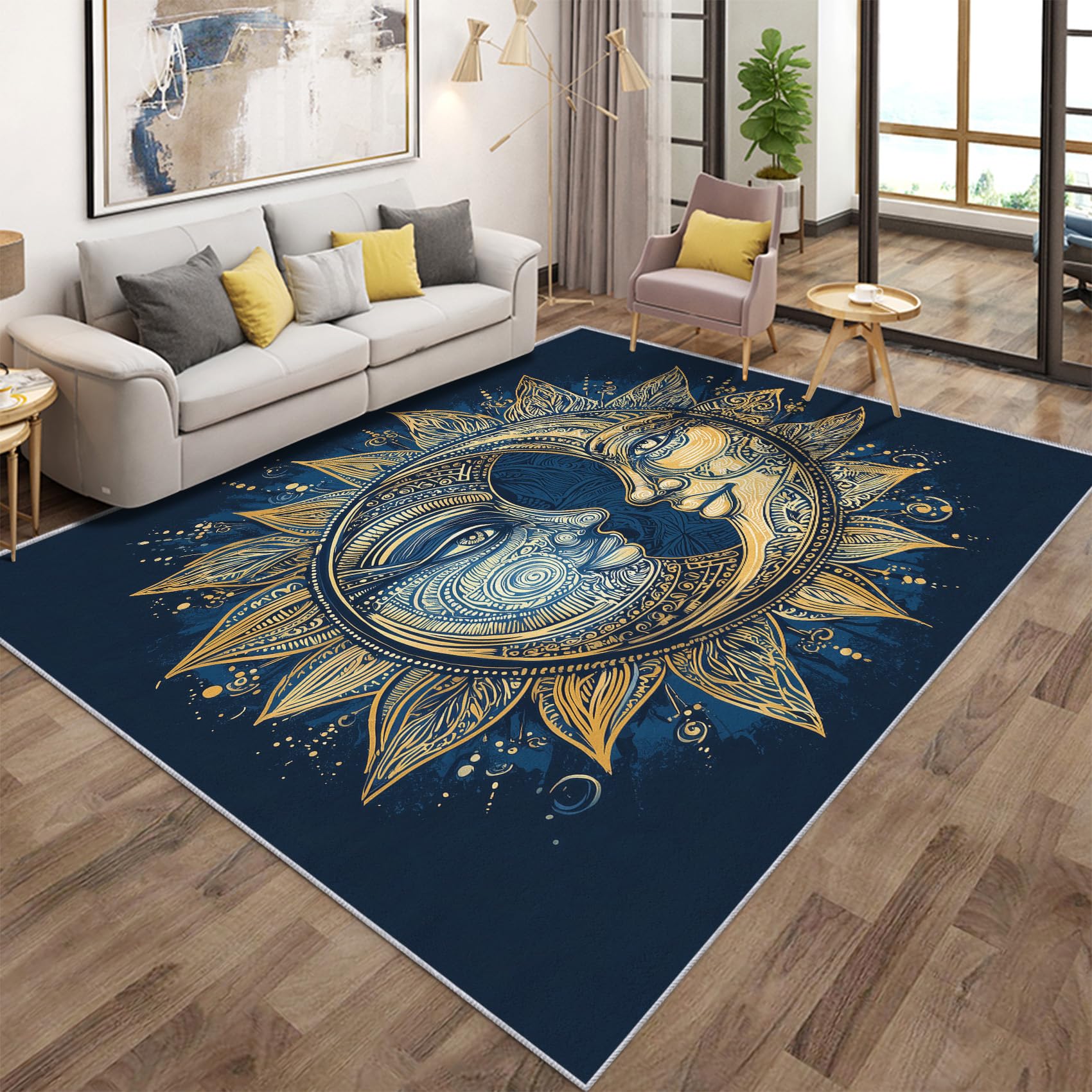 Tapis de salon céleste 140x200cm, décor astrologie lune et soleil à poils courts QAZ25