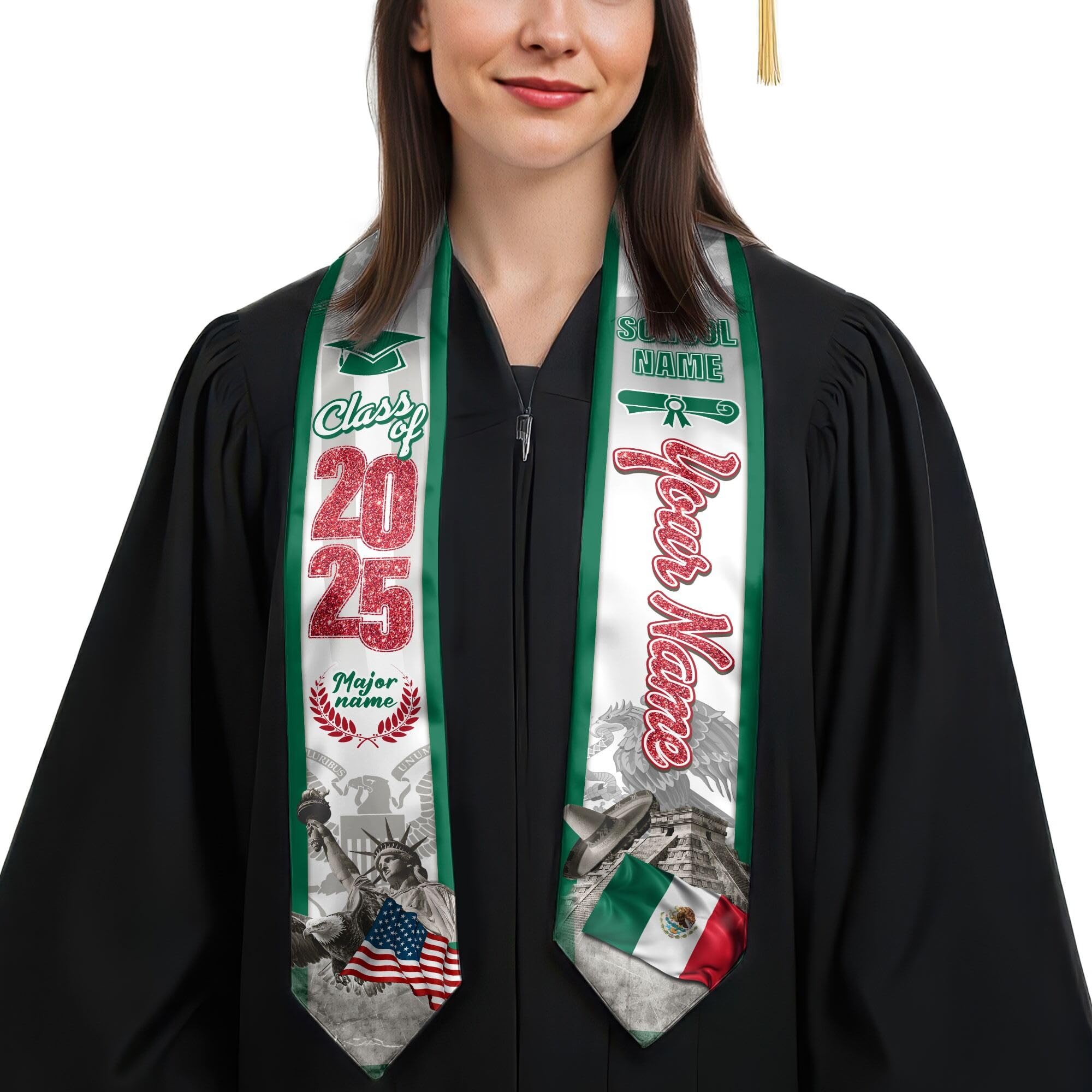 MonkeyVan Personalized Graduation Stole for Mexico Senior, Mexican Flag Graduation Sash Class of 2025 Graduation Day Gifts S391