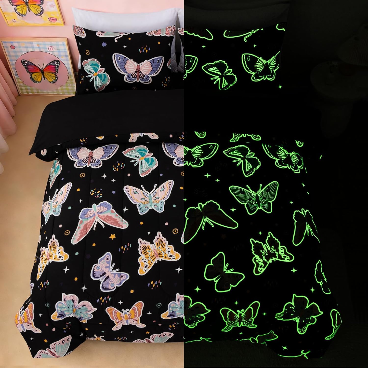 A Nice Night 5pc Glow in The Dark Kids Comforter Set, Colorful Flying Butterfly Printed, Sparkling Starry Bedding Set Queen Size for Boys Girls Teen
