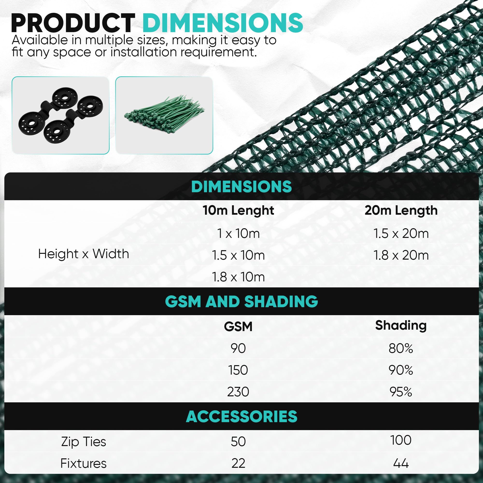 SG Traders Privacy Netting 1m x 10m - Garden Privacy Screen 90 GSM, HDPE Outdoor 80% Shading Net, UV-Resistant Tear Resistant Windbreak Fencing with Holes and Cable Ties, Easy to Install (Green) — view 4