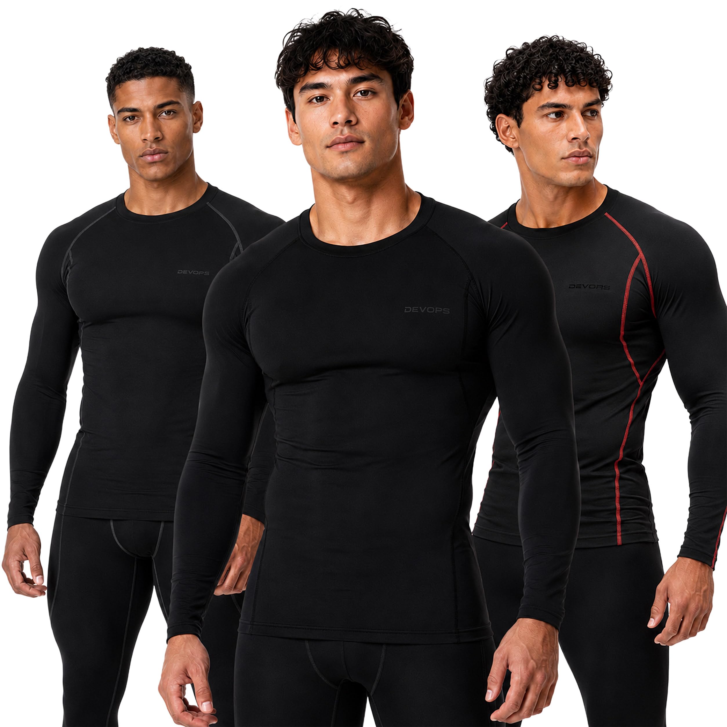 DEVOPS 3 Pack Men's Cool Dry Compression Baselayer Long Sleeve Shirts Top | Compression Fit, Wicking, 4-Way Stretch, Chafing-Free Seams, Running, Workout, UPF 50+
