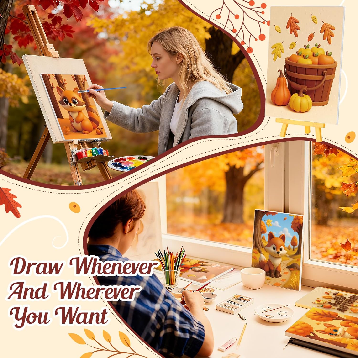 Blosssound 24 Pack Thanksgiving Pre Drawn Canvas to Paint Pre Printed Canvas Painting Kits with Easel, Paint Pots Brushes Stretched Panels Bulk for Adult Sip Party Student Beginner Birthday DIY