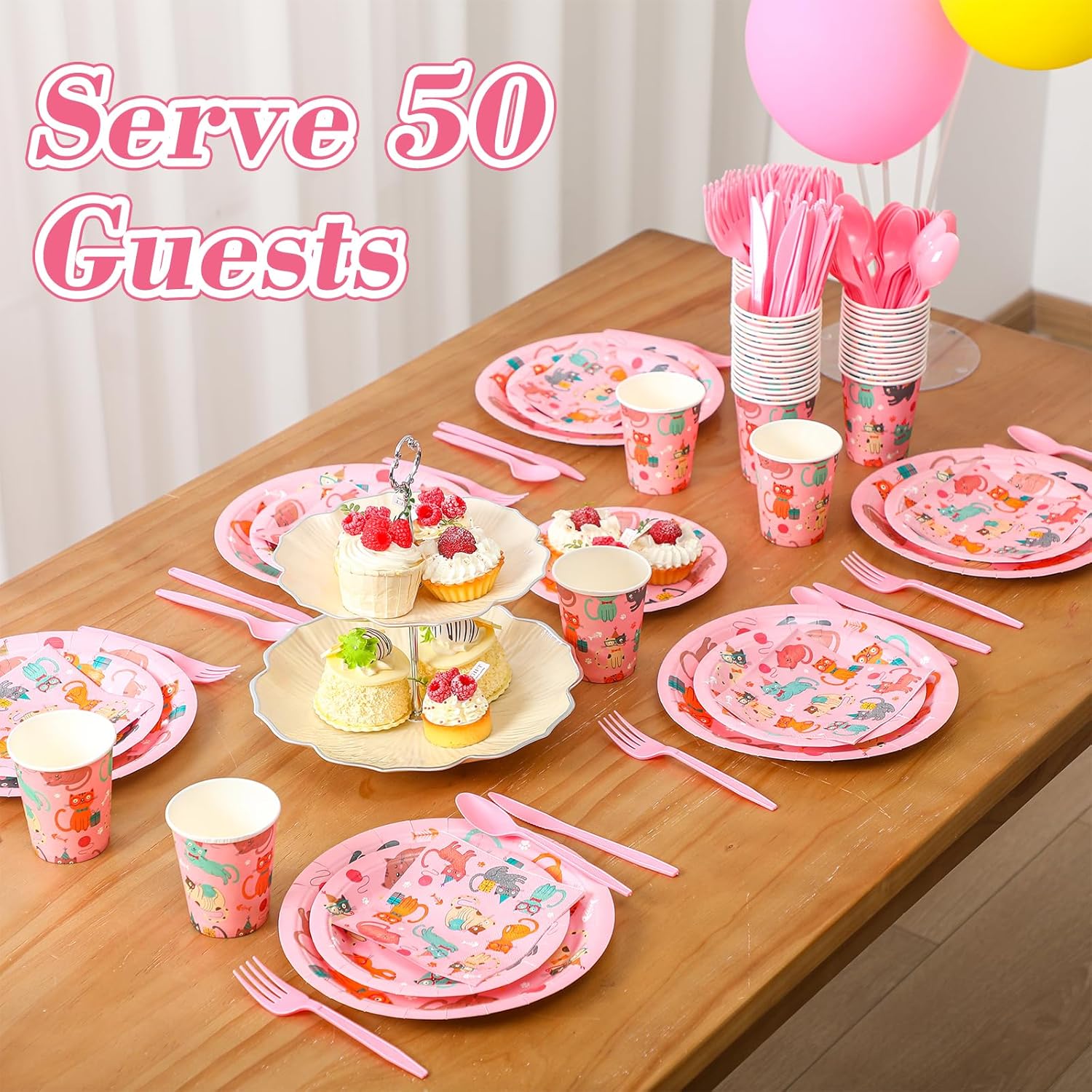Potchen 350 Pcs Cat Birthday Party Supplies Pink Disposable Cat Themed Tableware Decoration Include Dessert Plates Napkins Cups for Kitten Birthday Party Decor Baby Shower Wedding Serves 50 Guests