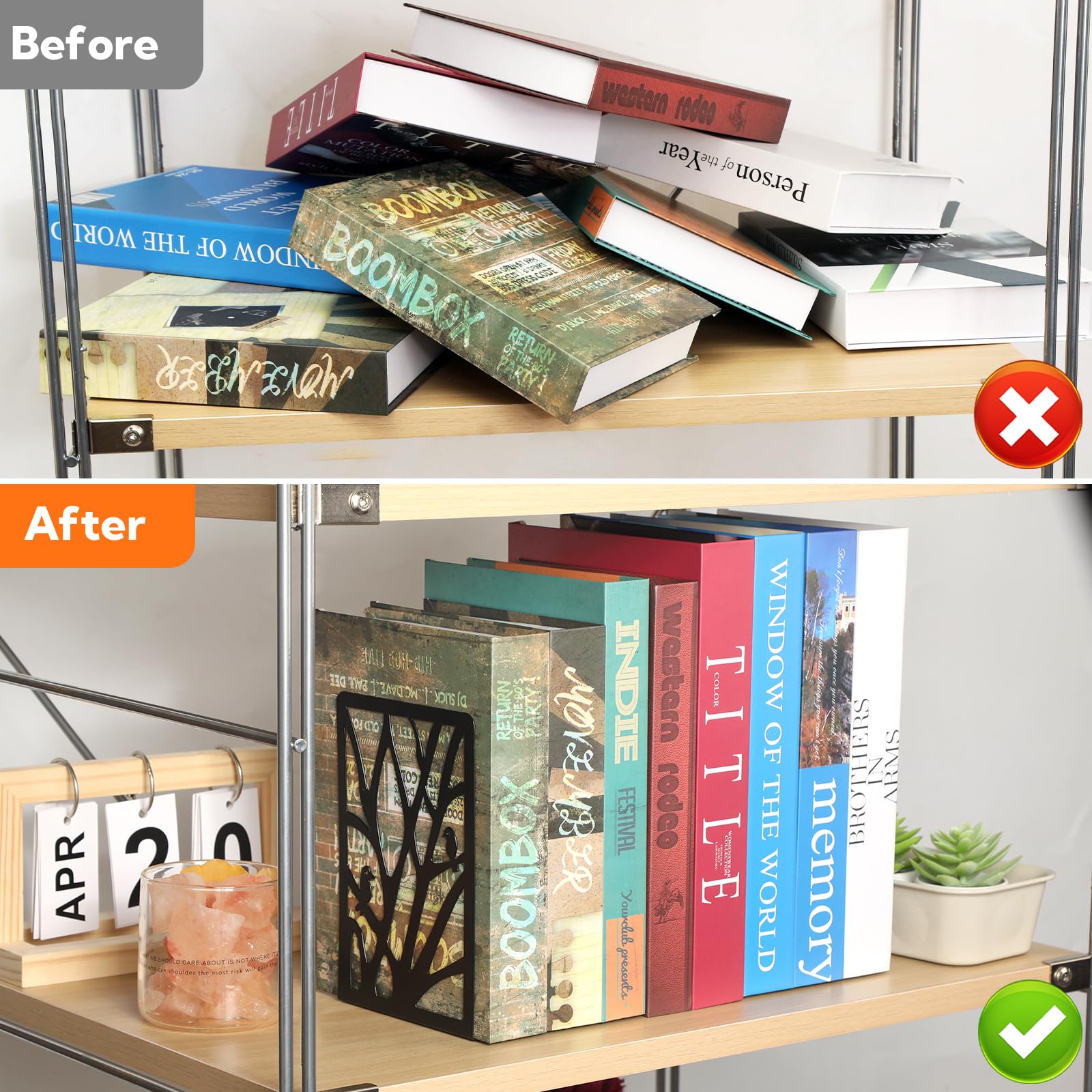 Buchstützen für Regale, robuste Buchstützen, rutschfest, Metall, schwarzes Baum-Design, moderne Buchstützen für Regale, Büro, Zuhause, dekorativer Buchstopper für Bücher, CDs, 10 Paar, 20 Stück