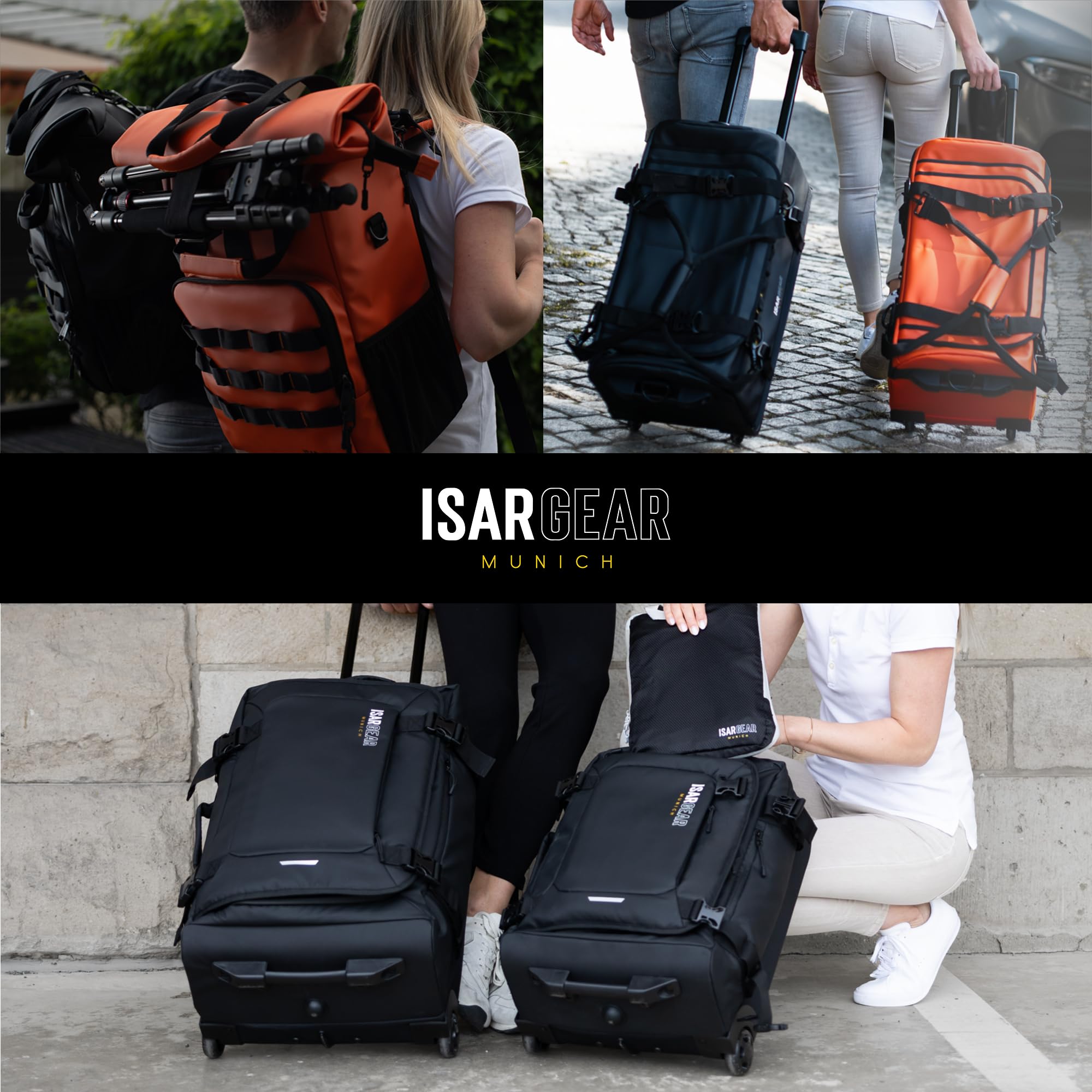 Isar Gear® Reisetasche mit Rollen 60 Liter - Outdoor Travel Bag (Schwarz) aus wetterfestem Material - Großer Reisekoffer mit Rollen, Sporttasche mit Rollen, Duffle Bag - Trolley (Koffertasche)