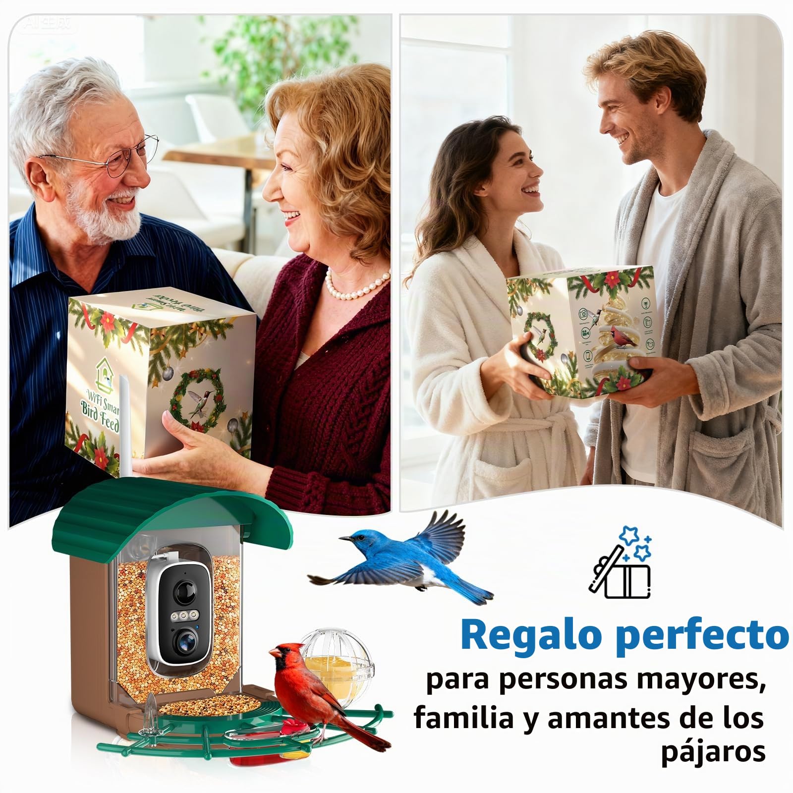 NIORSUN Comedero para pájaros con cámara 2K HD, funciona con energía solar, detección de aves AI, visión nocturna a todo color, notificación instantánea y grabación automática de vídeos de pájaros