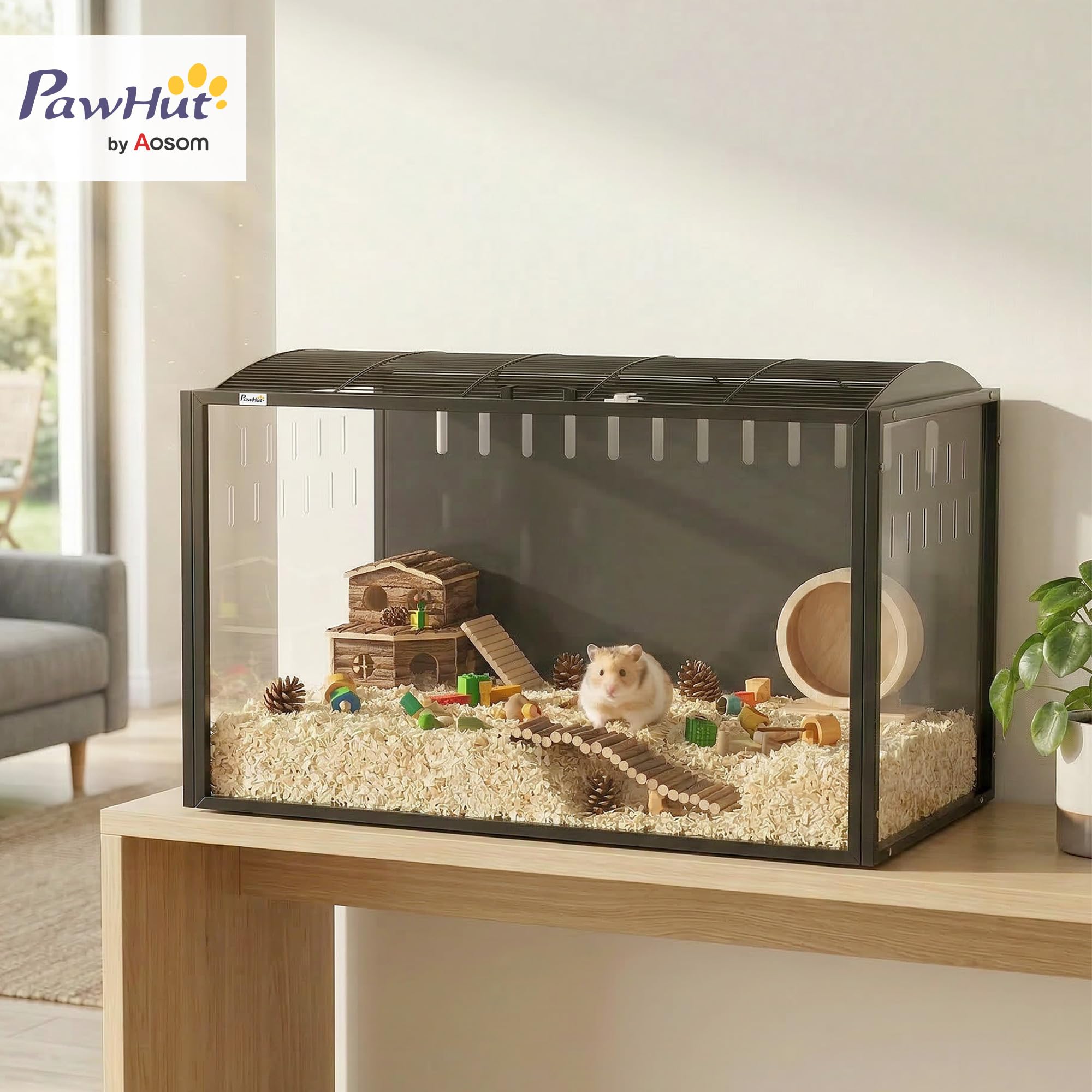 PawHut Cage à Hamster Géante 105 cm Habitat pour Rongeur en Acier et Acrylique Transparent Grande Cage avec Vue Panoramique et Toit Ouvrant pour Hamster Syrien et Souris, Noir