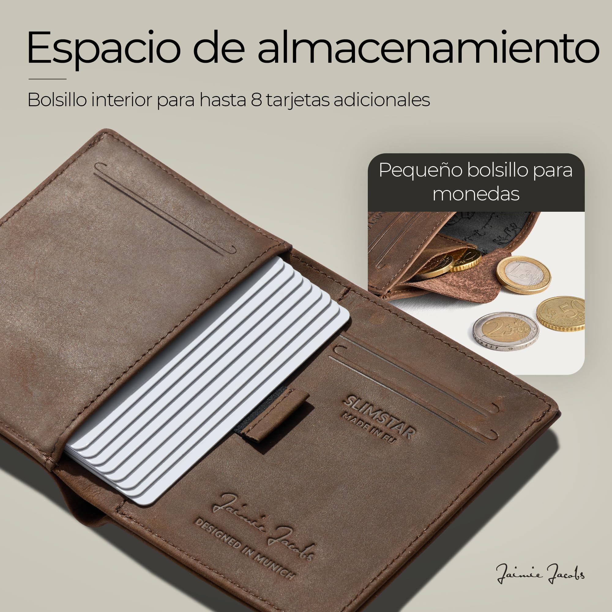 Jaimie Jacobs SLIMSTAR Carteras Hombre Pequeña con Bloqueador RFID (Bronceado Oscuro)
