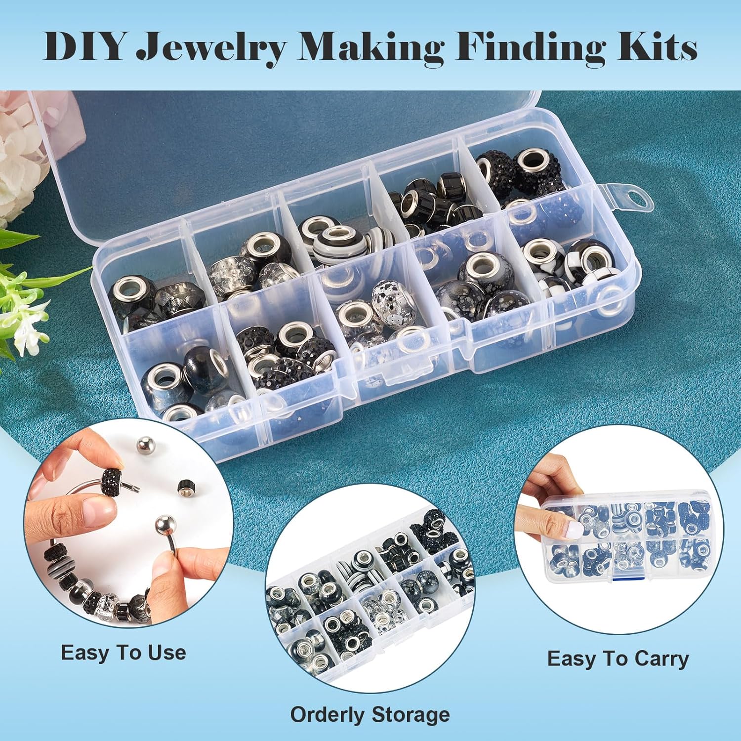 KISSITTY 67Pcs Polymer Clay Large Hole European Beads with Rhinestone Assortment Resin Craft Bead Glass European Bead Black Crystal Spacer Beads for Bracelets Pens Necklace DIY Jewelry Making Supplies - Image 7