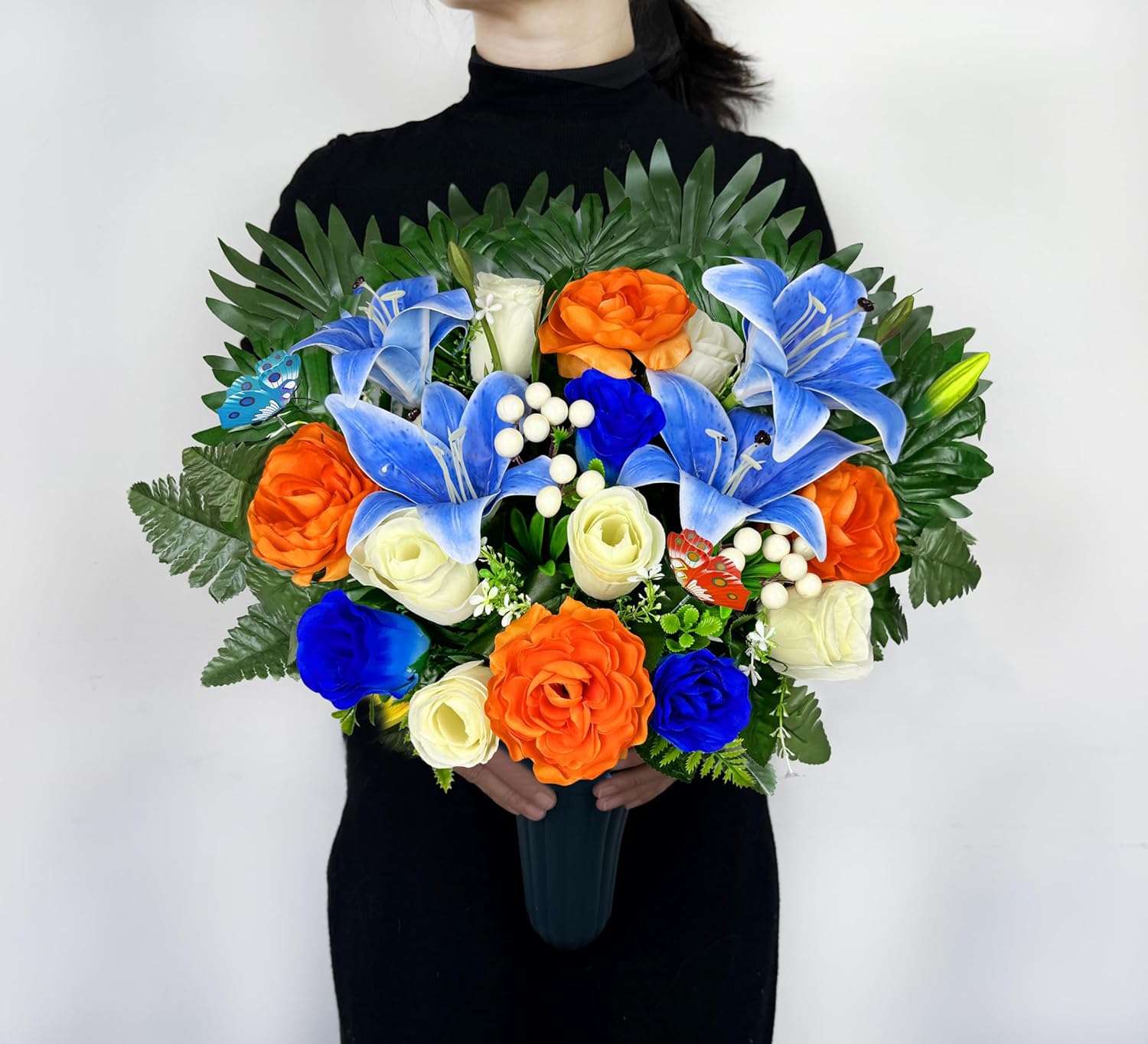 Artificial Cemetery Flowers for Grave Vase - Gravesite Flowers,Headstone Decorations with Blue Lily White Rose Mix Bouquet