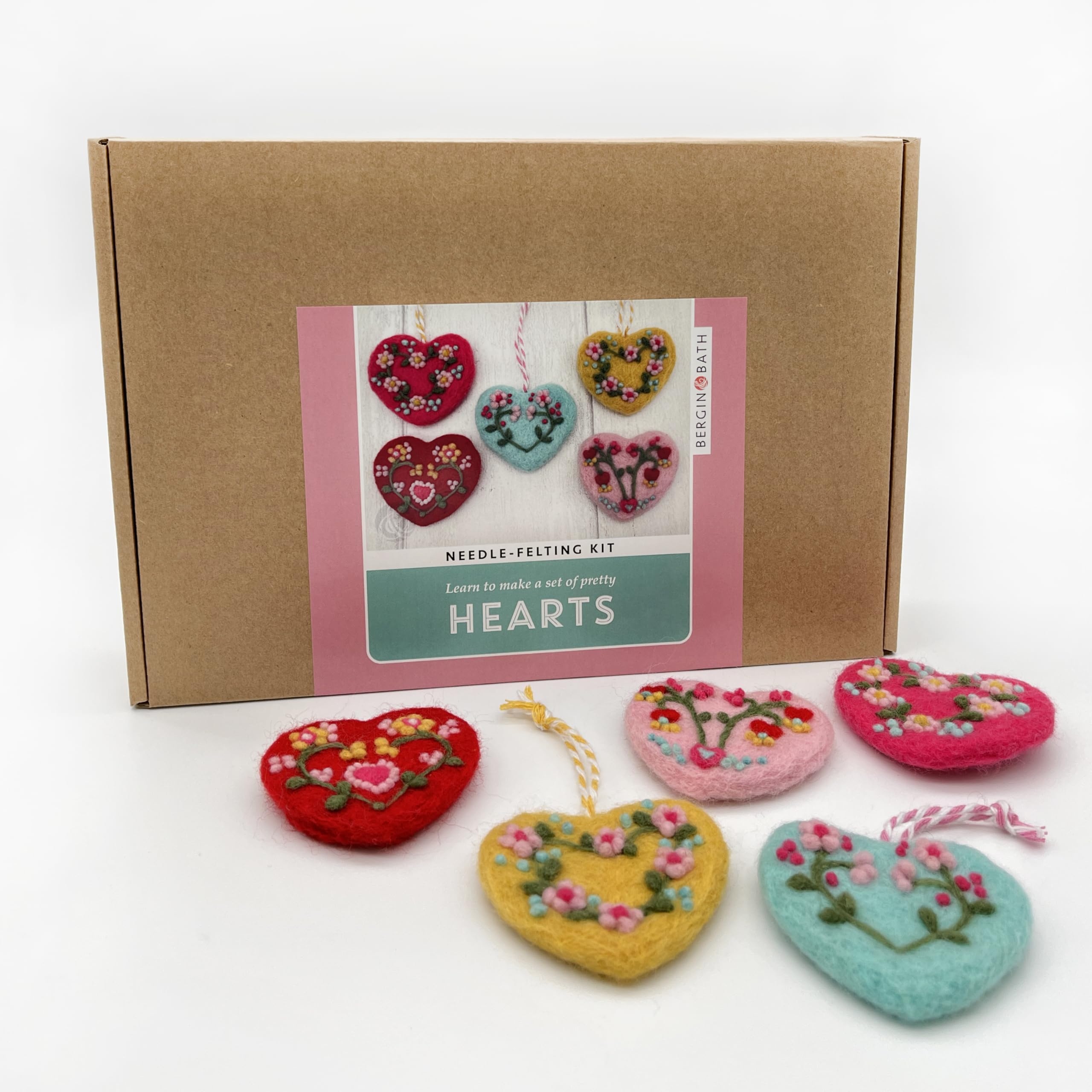 Bergin & Bath Needle Felting kit - Hearts. Learn to Make a Set of Heart Decorations from Natural Wool Fibres. Creative Gift for Adults and Teens.