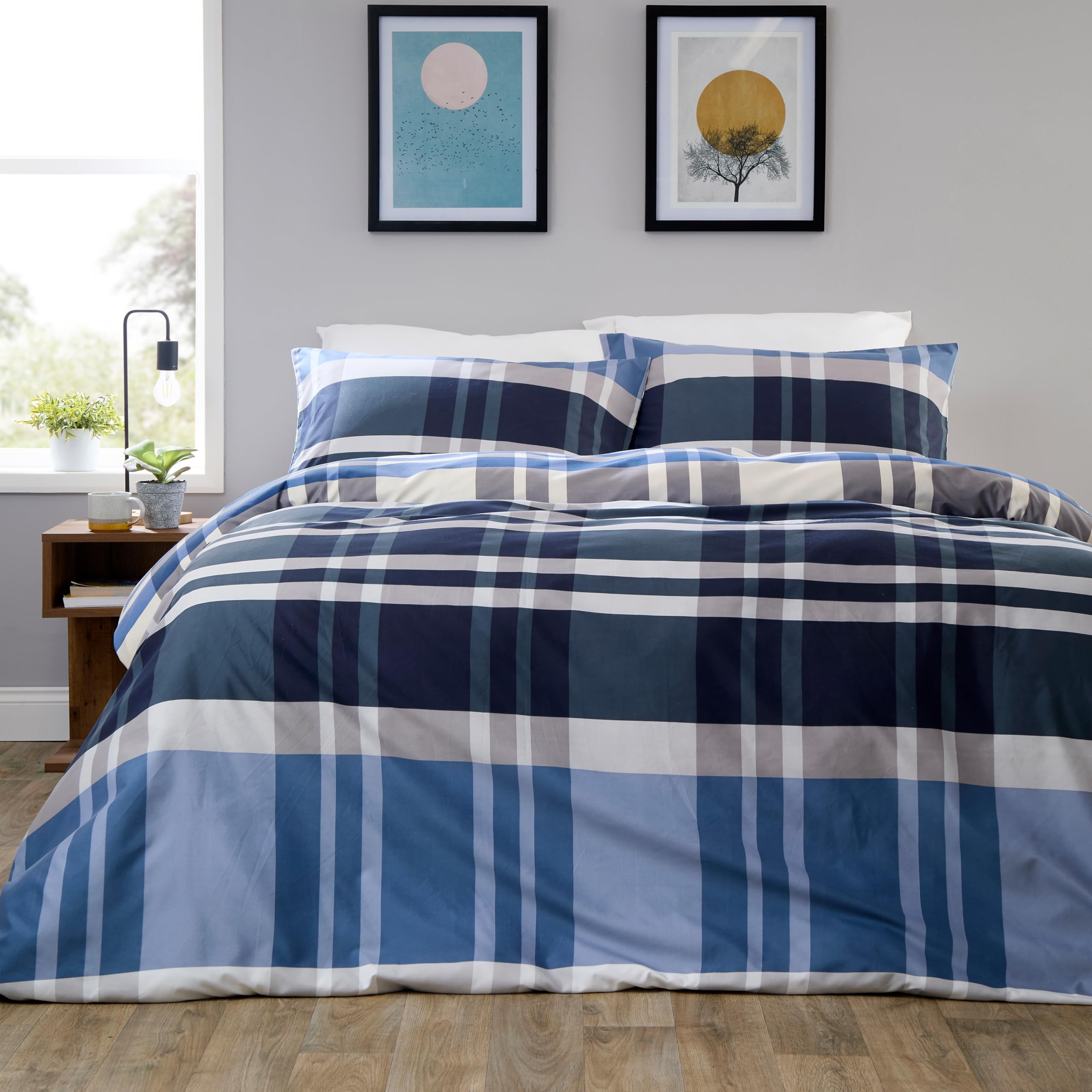 Olivia Rocco Easy Care Printed Duvet Cover Set 100% Microfibre Polyester Breathable Stylish Comforter Reversible Quilted Bedding Bed Sets With Pillowcases, Dylan Check Blue Red - Double — image 1