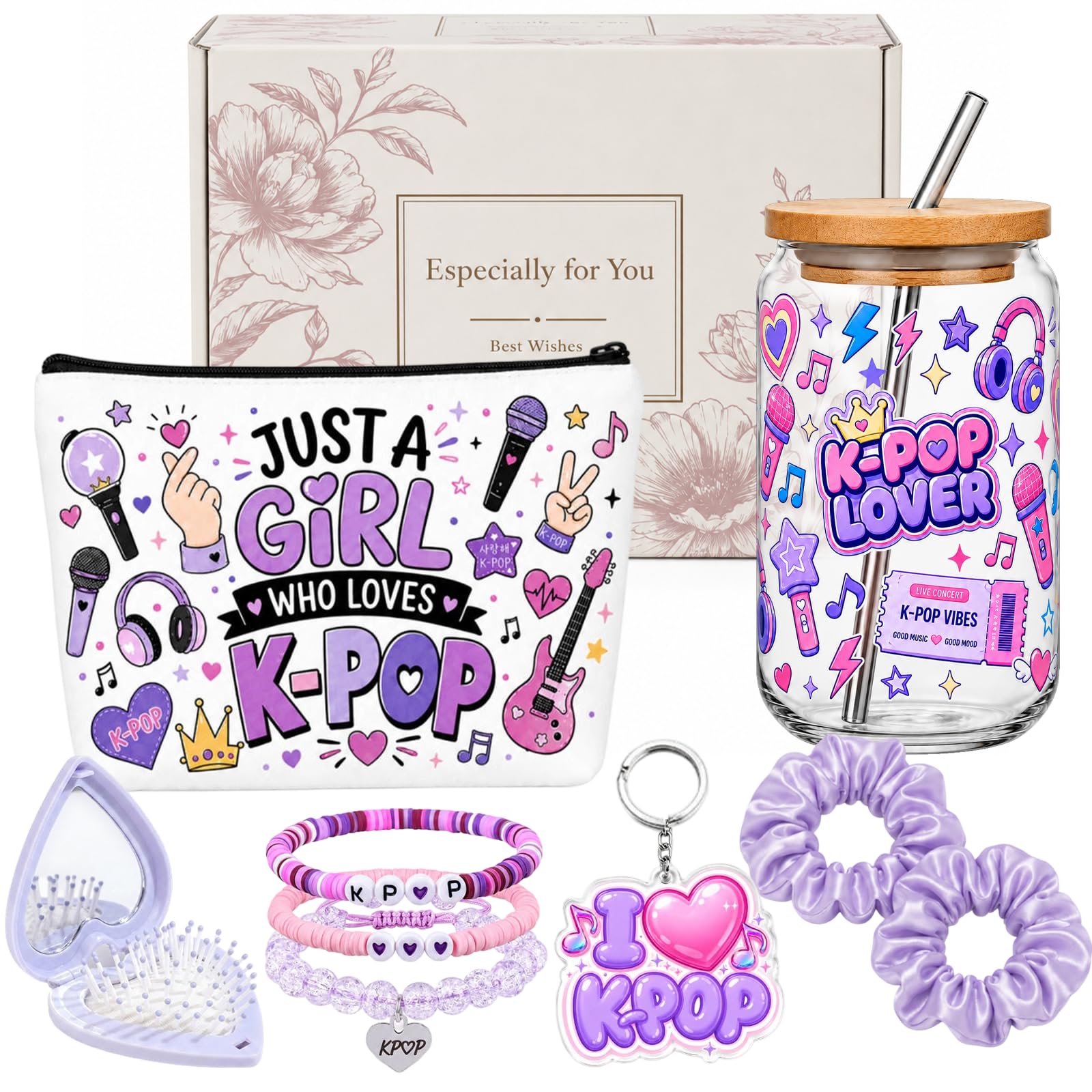 prezentz Kpop Gifts for Girls, 16oz Glass Cup and Kpop Makeup Bag Gift Set