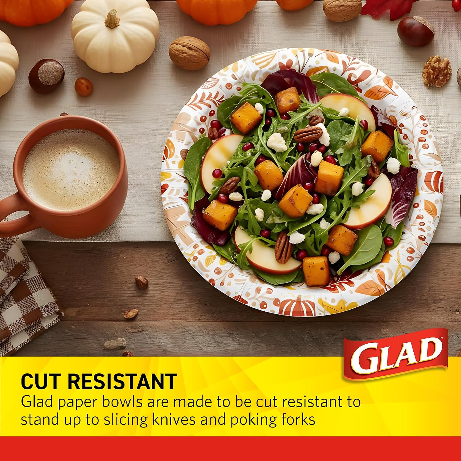 Glad Round Disposable Paper Bowls, Happy Fall Design - Heavy Duty, Soak-Proof, Cut-Resistant, Microwavable Paper Bowls for All Foods, Daily Use, and Fall Occasions, 16 oz, 50 Count
